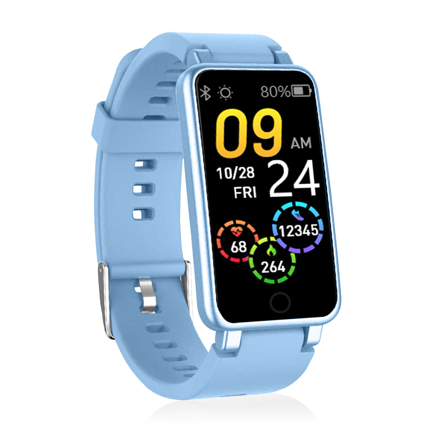 Smartwatch blu con cinturino azzurro, mostra ora, data e dati sulla salute.