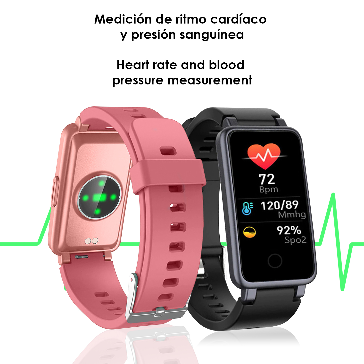 Due smartwatch, uno rosa, uno nero. Mostrano frequenza cardiaca, pressione sanguigna e SpO2.