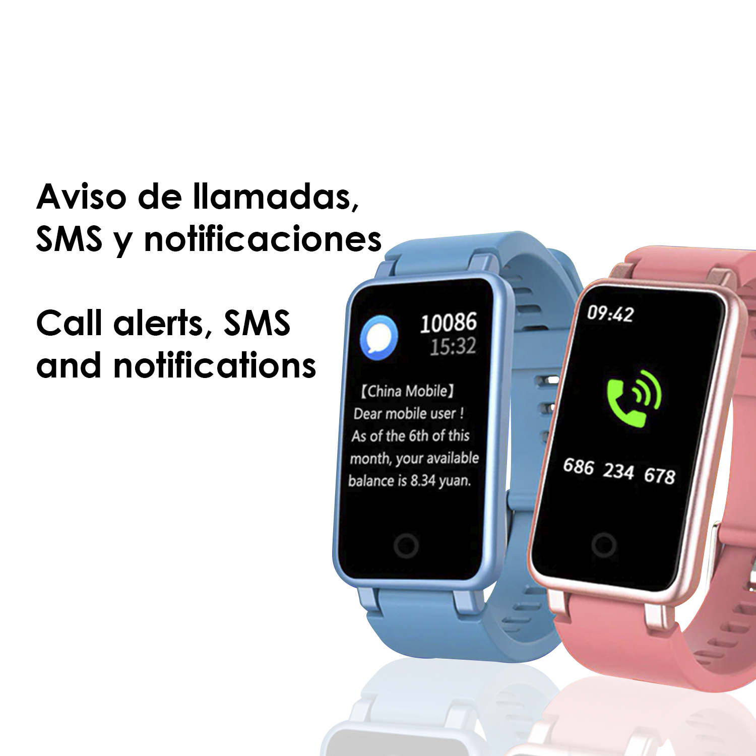 Due smartwatch, blu e rosa. Visualizzano avvisi di chiamata, SMS e notifiche. Un messaggio sullo schermo.