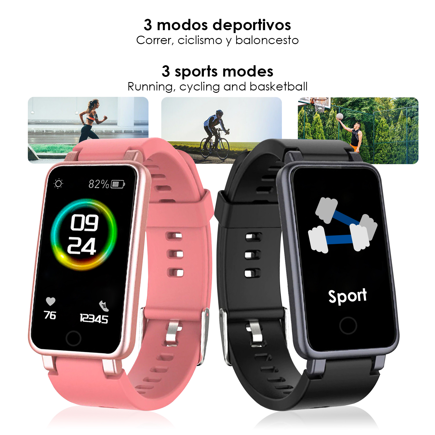 Due smartwatch, uno rosa e uno nero, che mostrano icone di modalità sportive: corsa, ciclismo e basket.