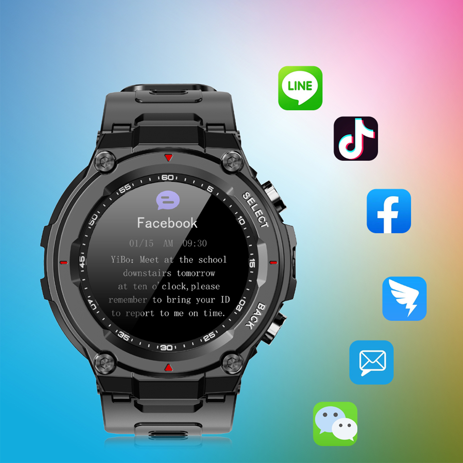 Lo smartwatch nero mostra un messaggio di Facebook. Sono visibili le icone di Line, TikTok, Facebook, Telegram ed e-mail.