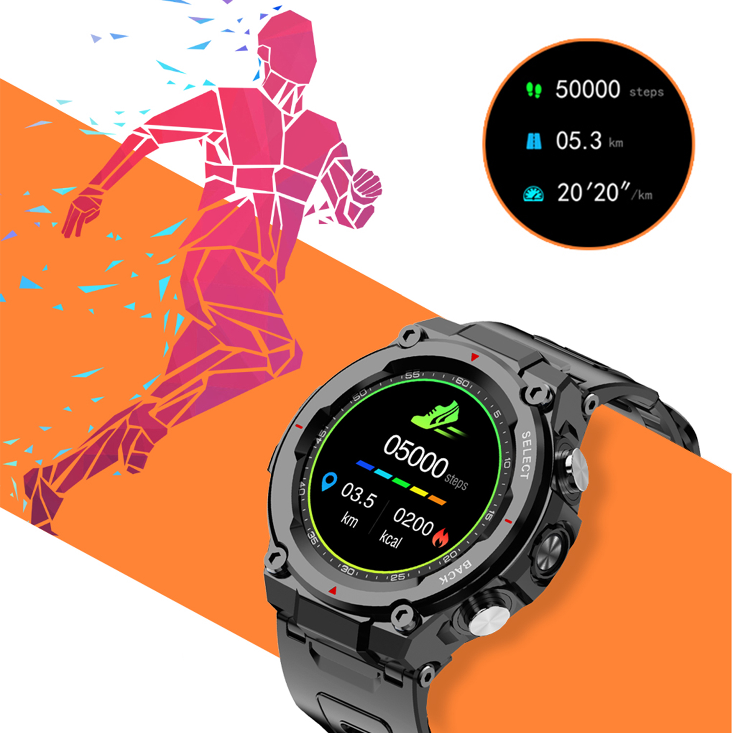 Smartwatch che mostra passi, distanza e calorie, con grafico di una figura in corsa.