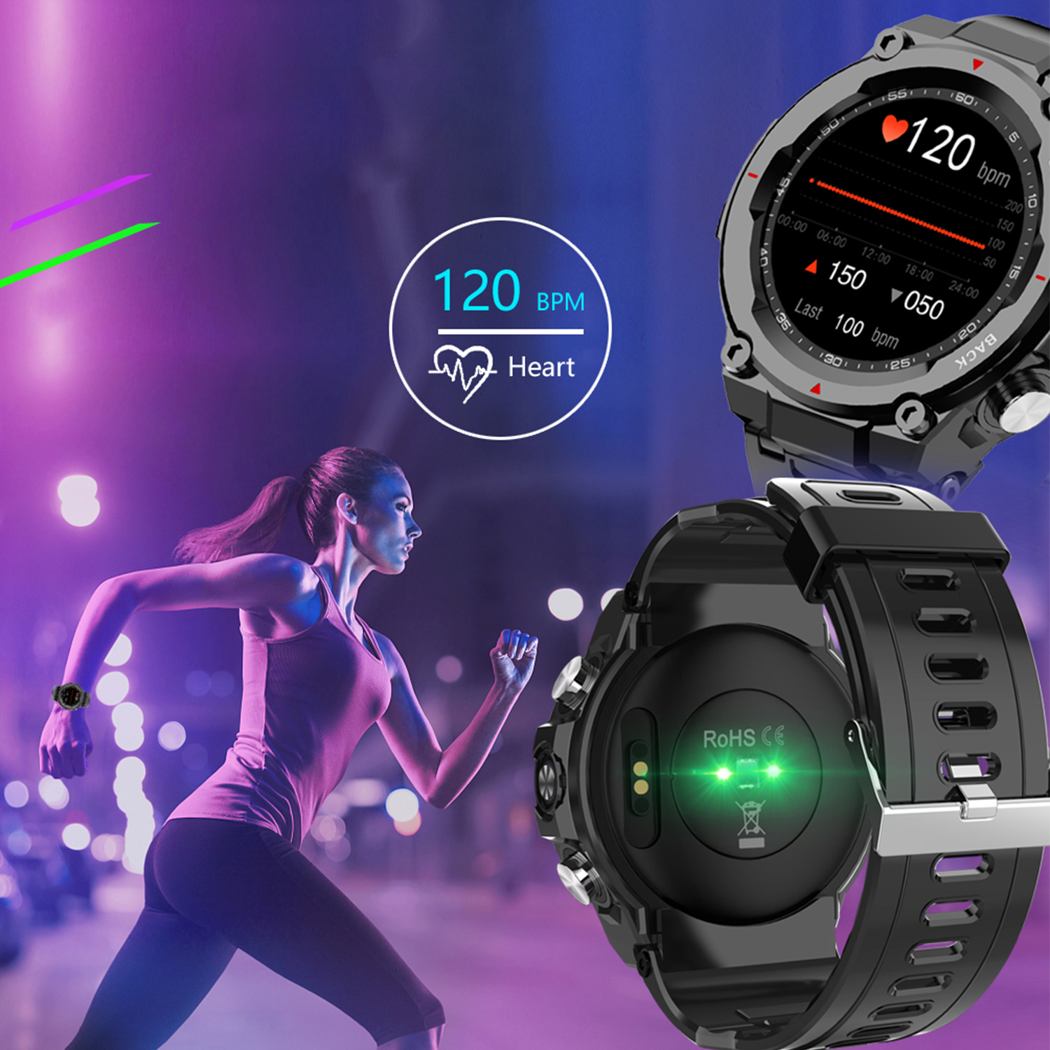 Donna che corre con smartwatch, un altro mostra la frequenza cardiaca. Grafici con dati sulla frequenza cardiaca.