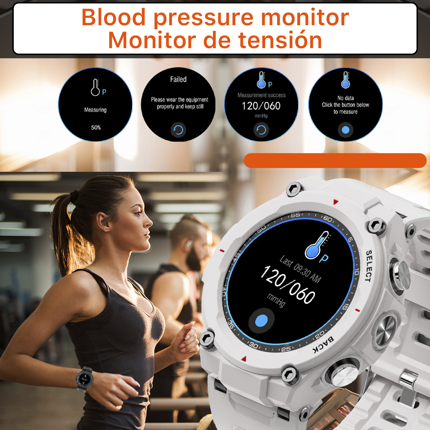 Una donna che corre con uno smartwatch. L'orologio mostra le letture della pressione sanguigna e gli stati di misurazione.