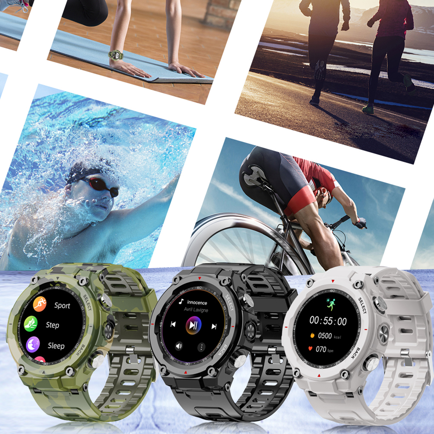 Collage di persone che praticano sport diversi, con smartwatch al polso.