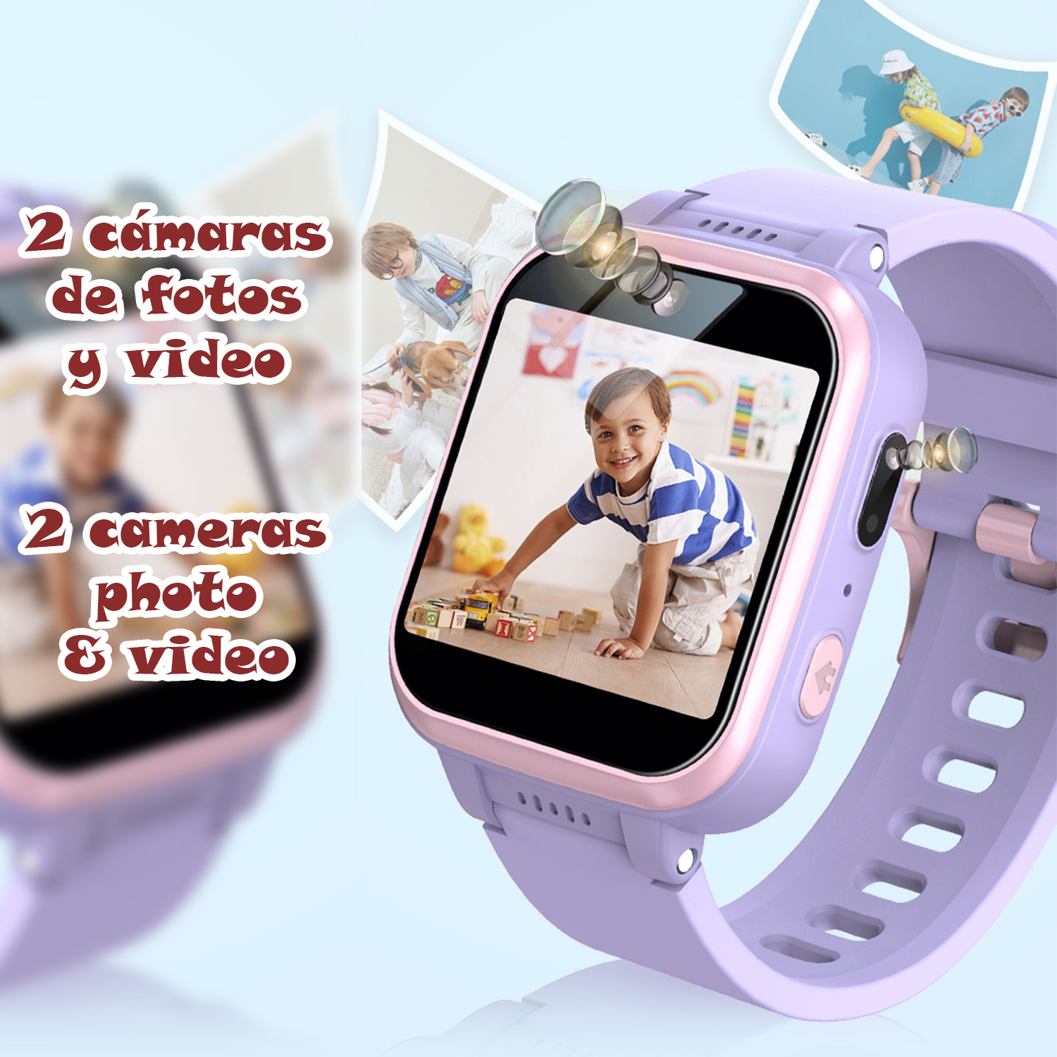 Un smartwatch infantil muestra una foto de un niño jugando con bloques. Se muestran dos cámaras.