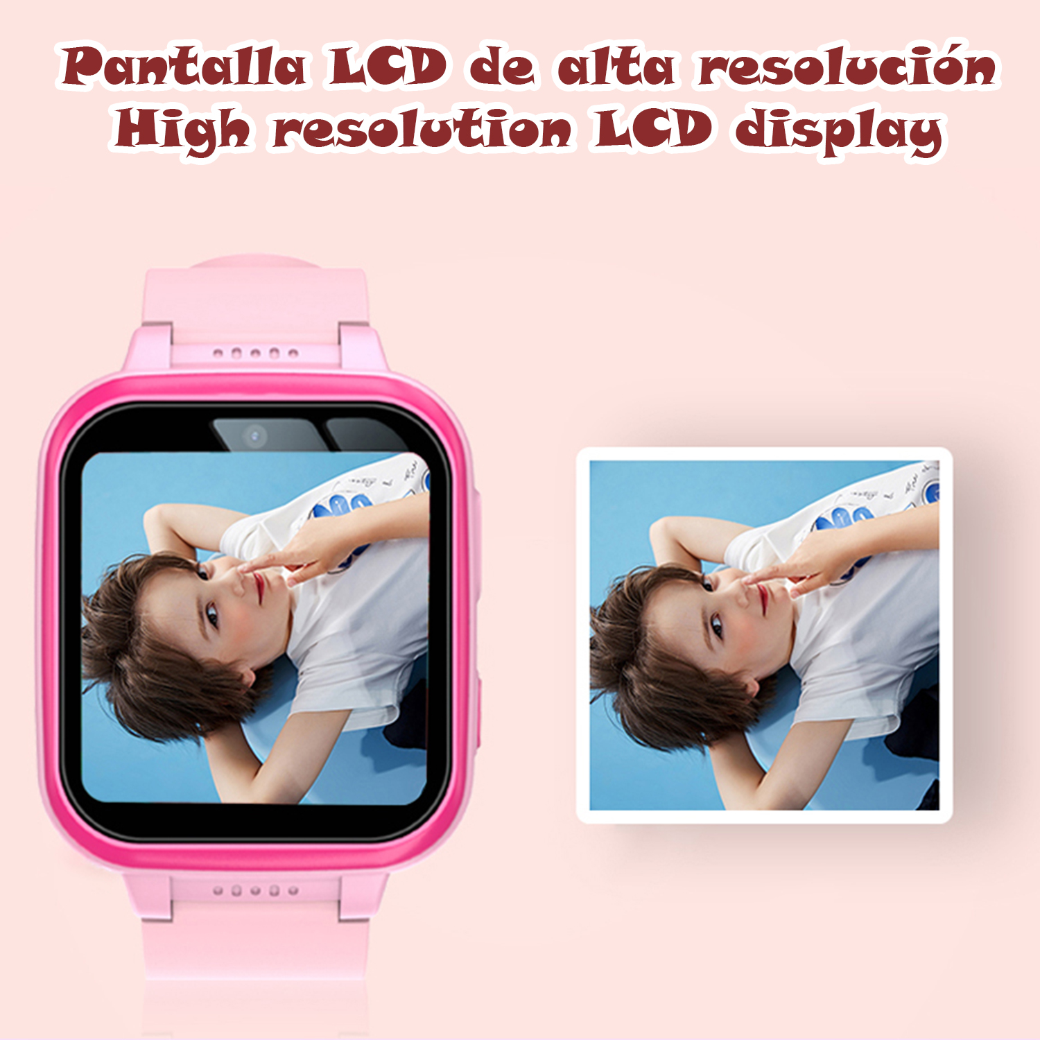 Smartwatch rosa con imagen de un niño en la pantalla. Texto: 'High resolution LCD display'. Fondo blanco.