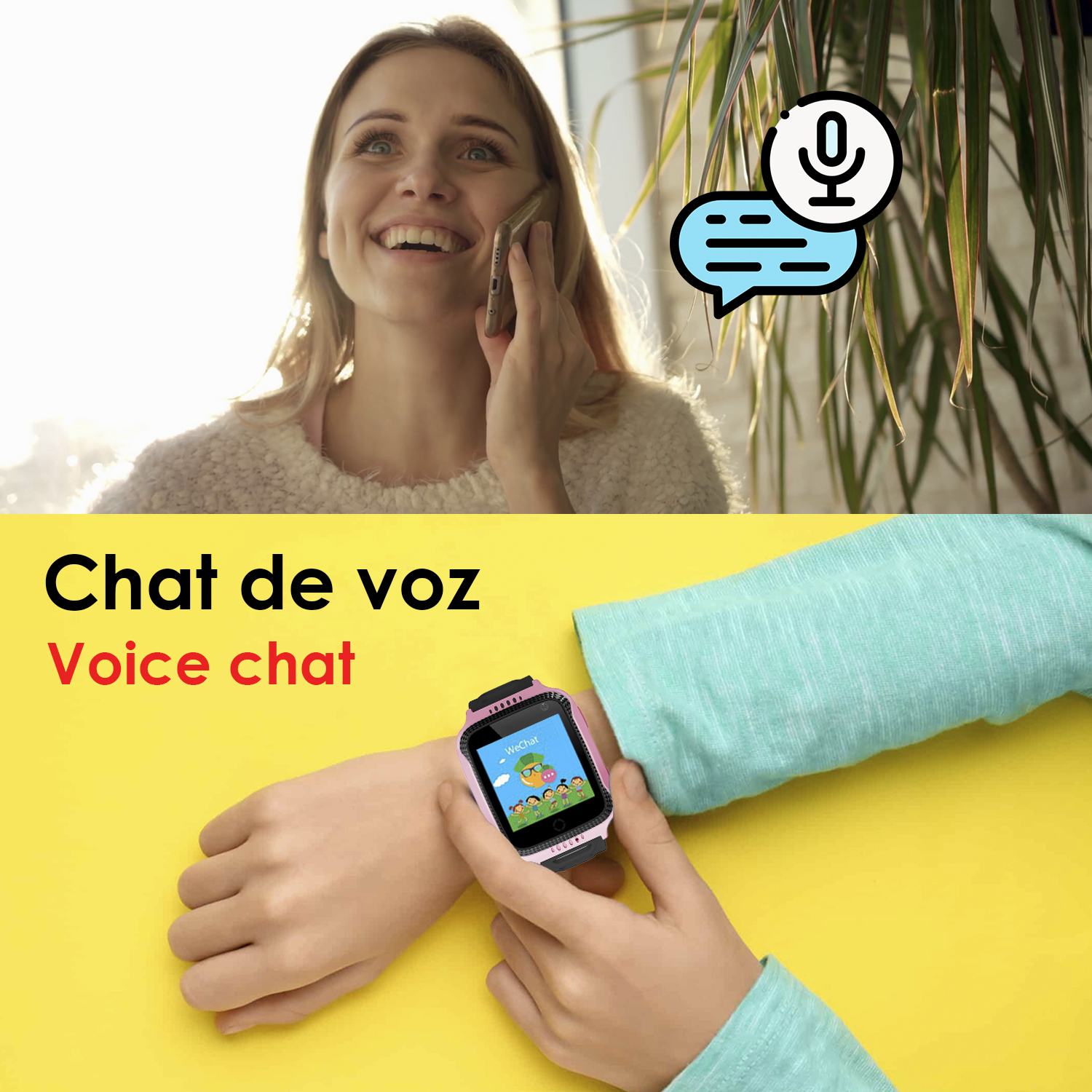Mujer hablando por teléfono y muñeca de niño mostrando un smartwatch con una burbuja de chat de voz.