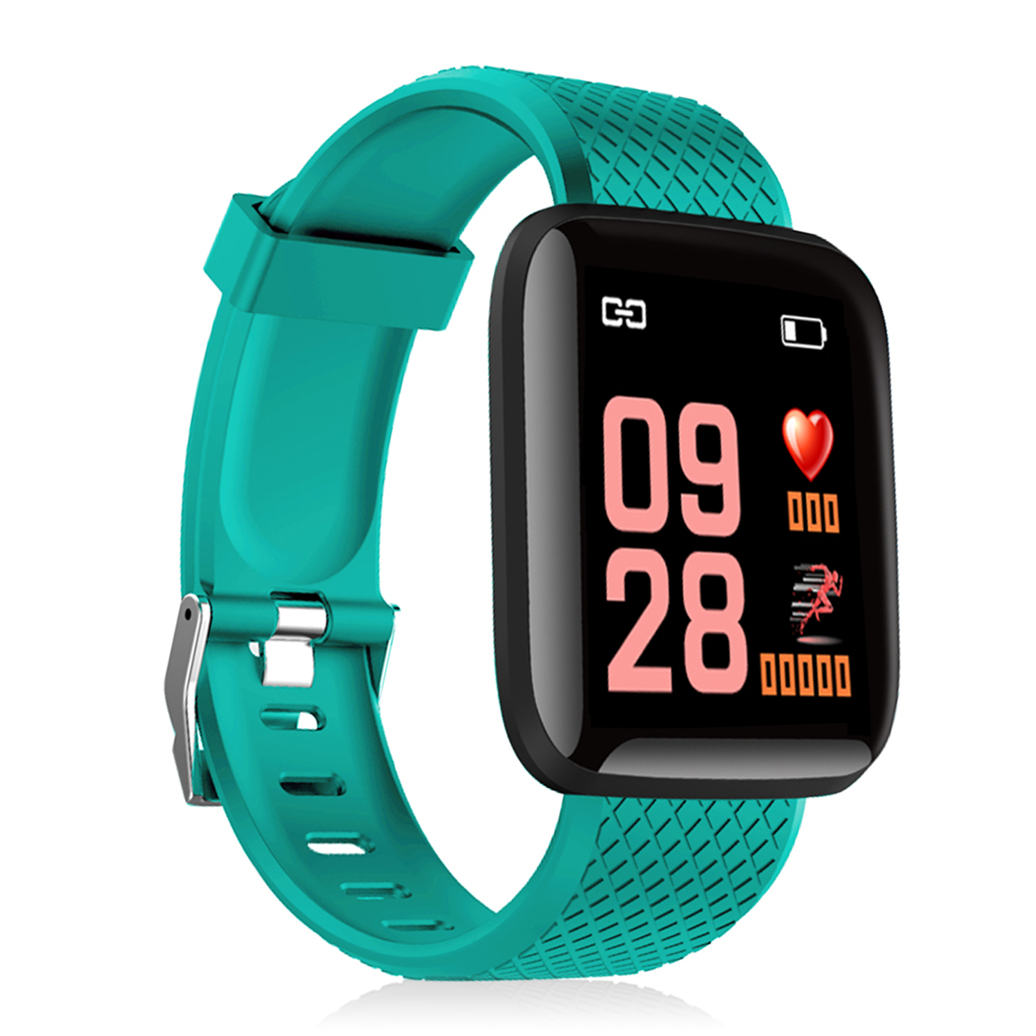 Uno smartwatch turchese con uno schermo nero rettangolare che mostra le metriche di tempo e attività.