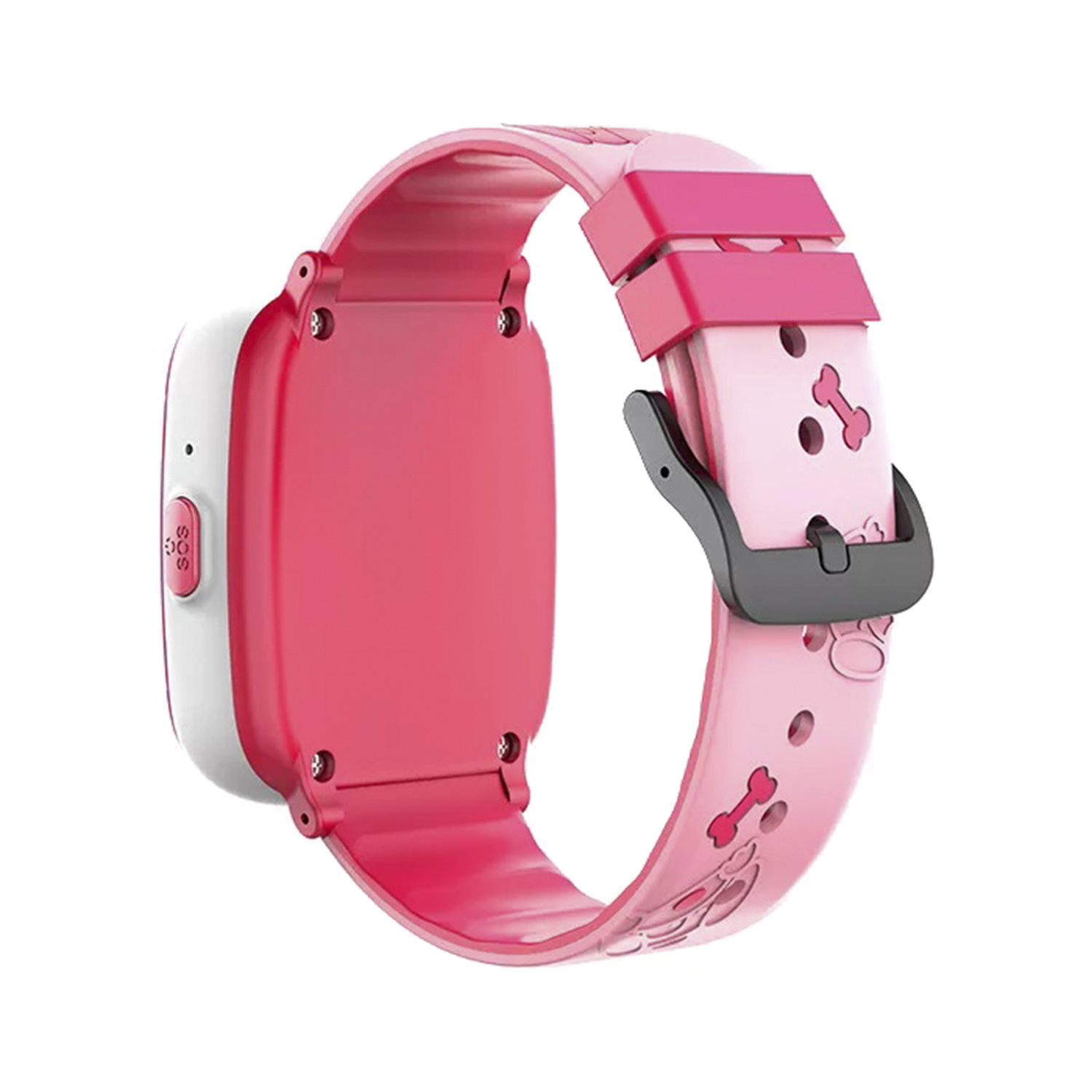 Reloj inteligente rosa con correa rosa y hebilla negra. La correa tiene diseño de hueso. Fondo blanco.