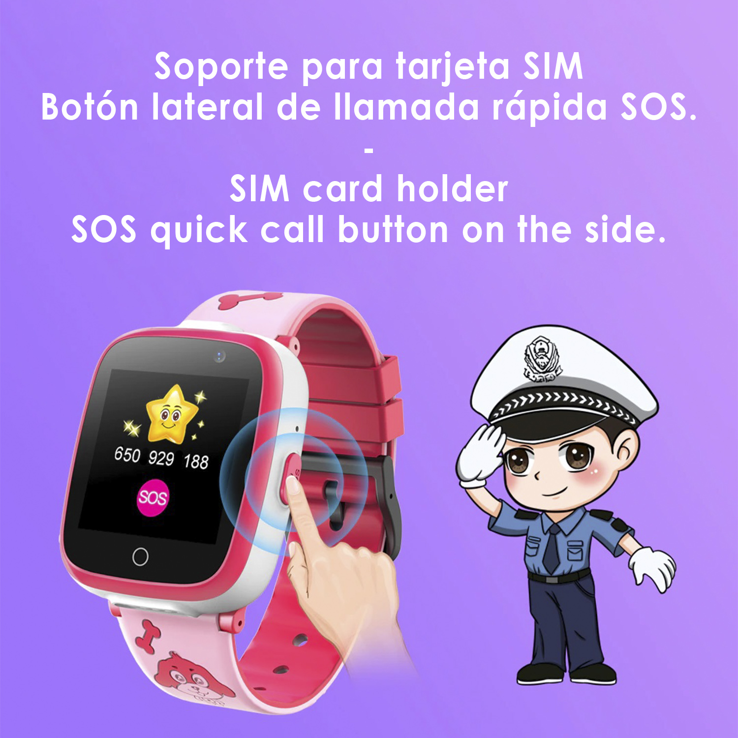 Smartwatch infantil con botón SOS y gráfico de policía de dibujos animados. Correa rosa, fondo blanco.