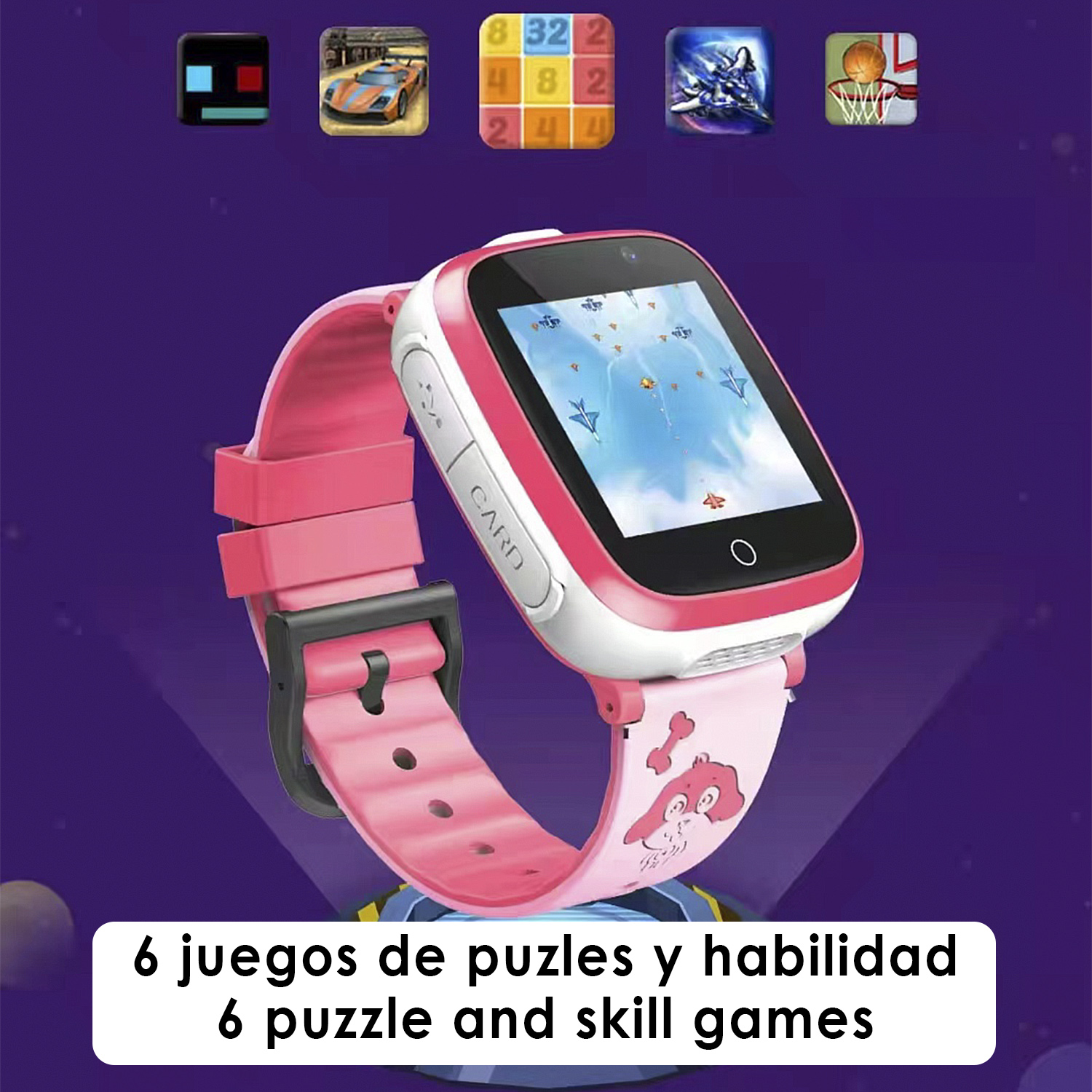 Smartwatch rosa mostrando juegos en pantalla, con iconos de juegos arriba.