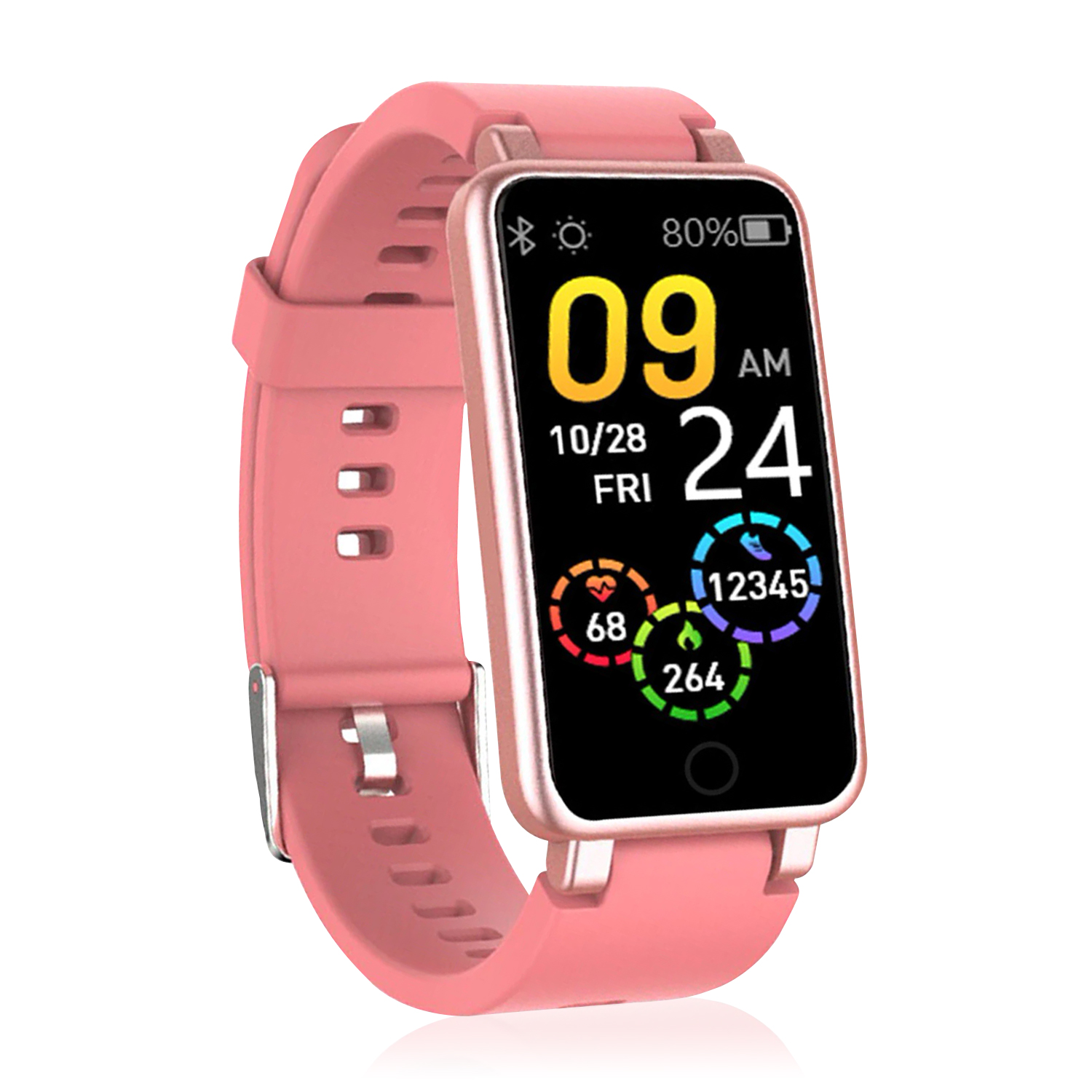 Smartwatch rosa con schermo nero. Cinturino rosa. Mostra ora e dati sanitari. Sfondo bianco.