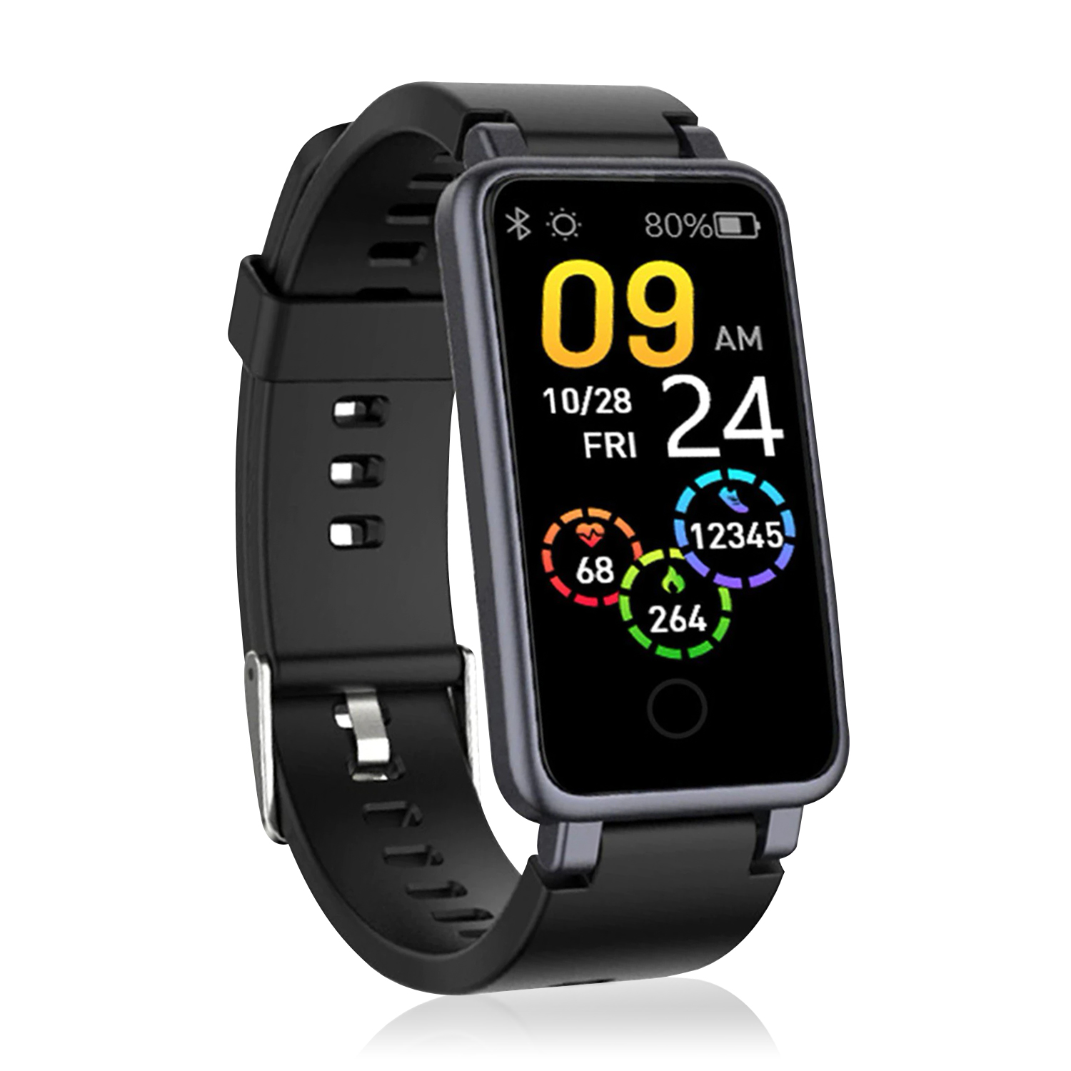 Smartwatch nero che mostra ora, data e statistiche di fitness su schermo nero.