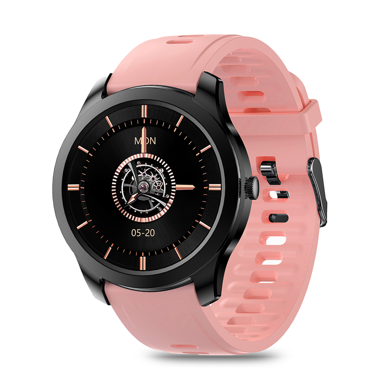 Smartwatch rosa con cornice nera che mostra l'ora e un quadrante nero.