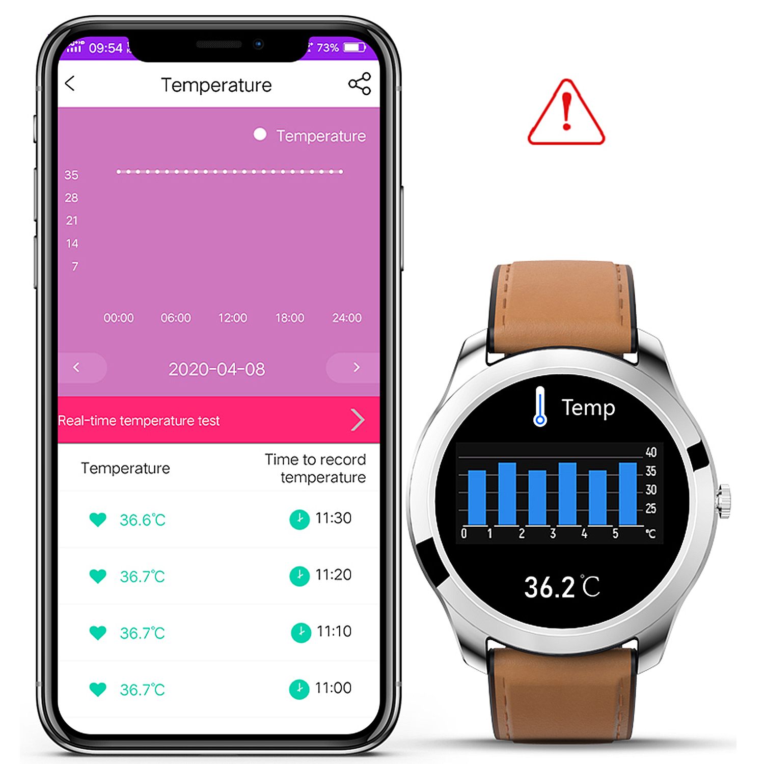 Uno smartphone e uno smartwatch mostrano dati di temperatura, con cinturino in pelle marrone.