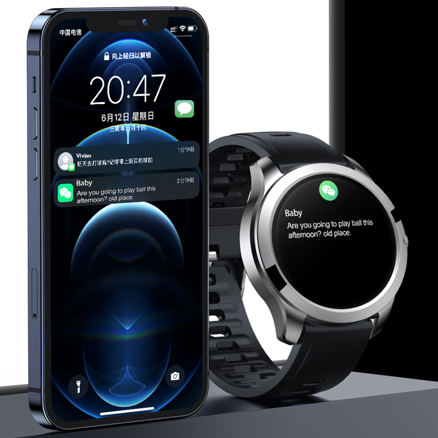 Uno smartphone e uno smartwatch fianco a fianco. Il telefono mostra un messaggio e l'orologio ha lo stesso messaggio.