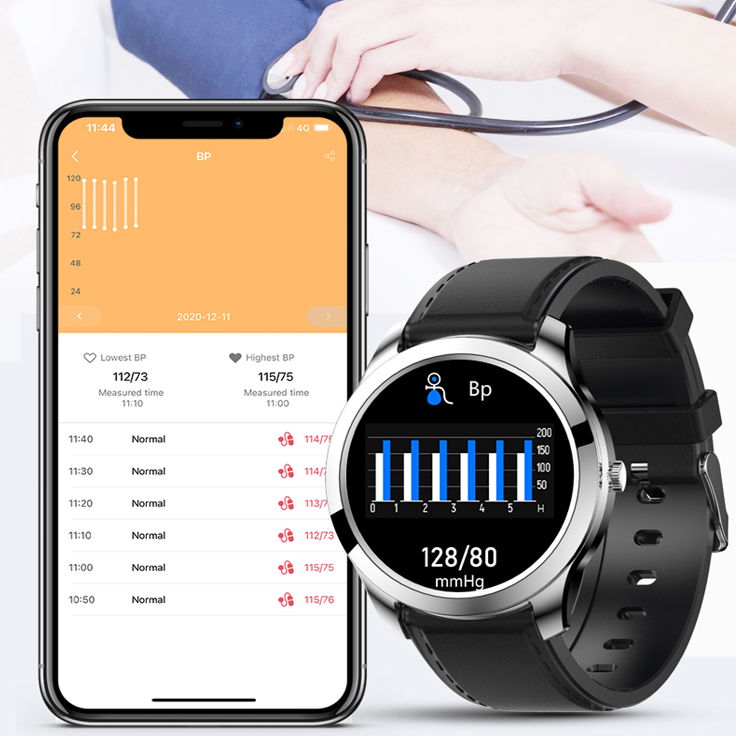Smartwatch e telefono che mostrano i dati della pressione sanguigna. Cinturino nero, sfondo bianco, polso esaminato.