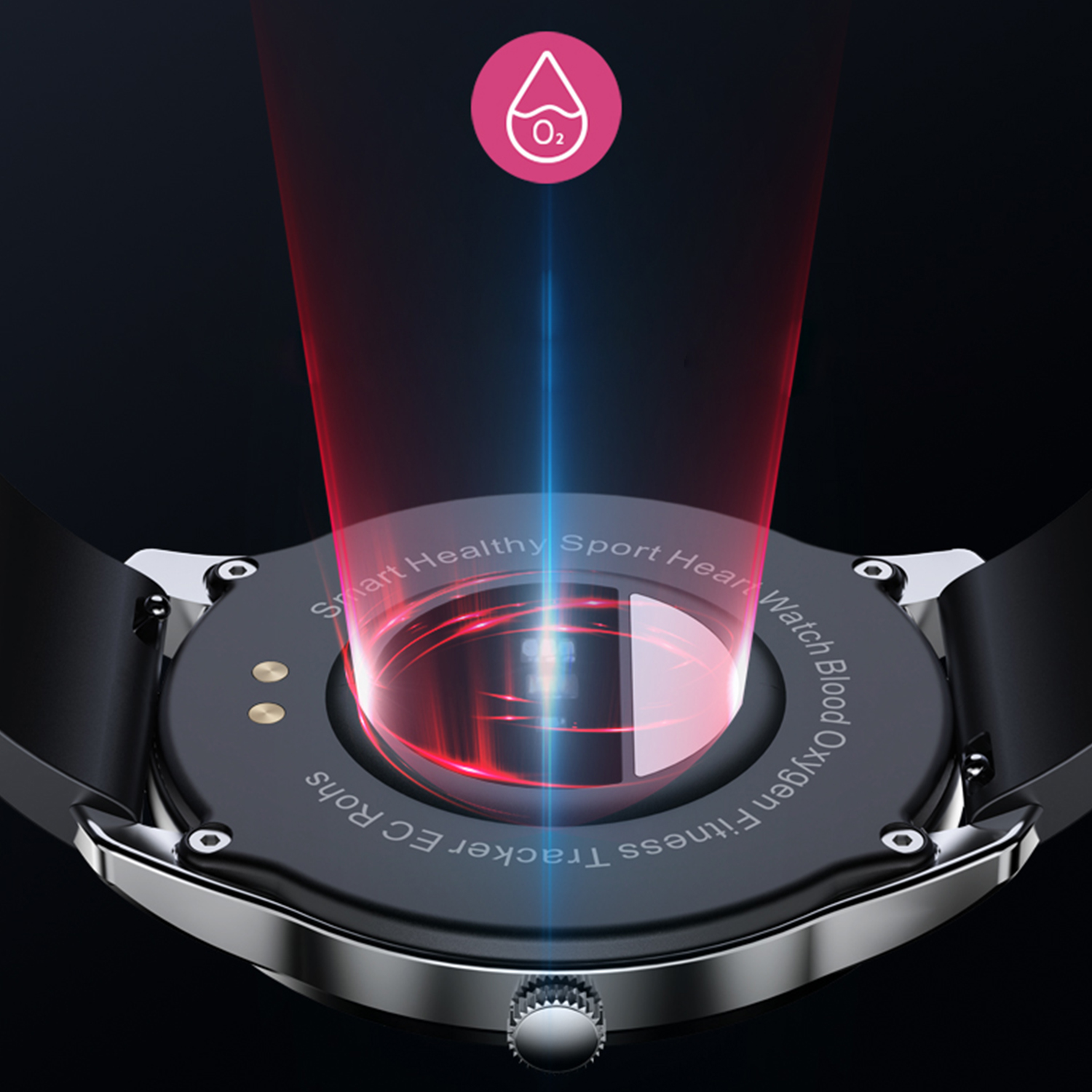 Smartwatch, con un raggio di luce rossa. Testo: Smart Healthy Sport Heart Watch.