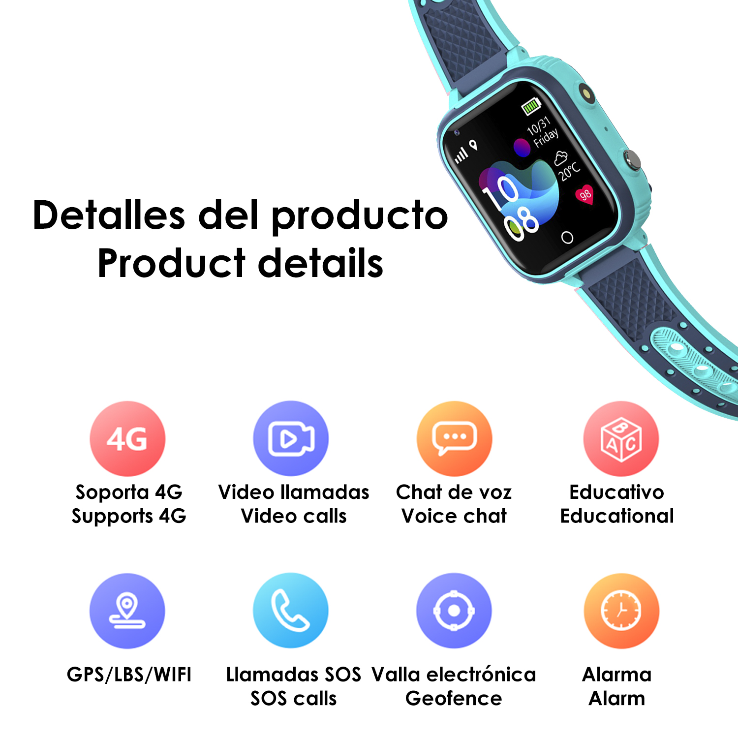 Un reloj inteligente con iconos para 4G, videollamadas, chat de voz, educación, GPS, llamadas SOS y alarma.
