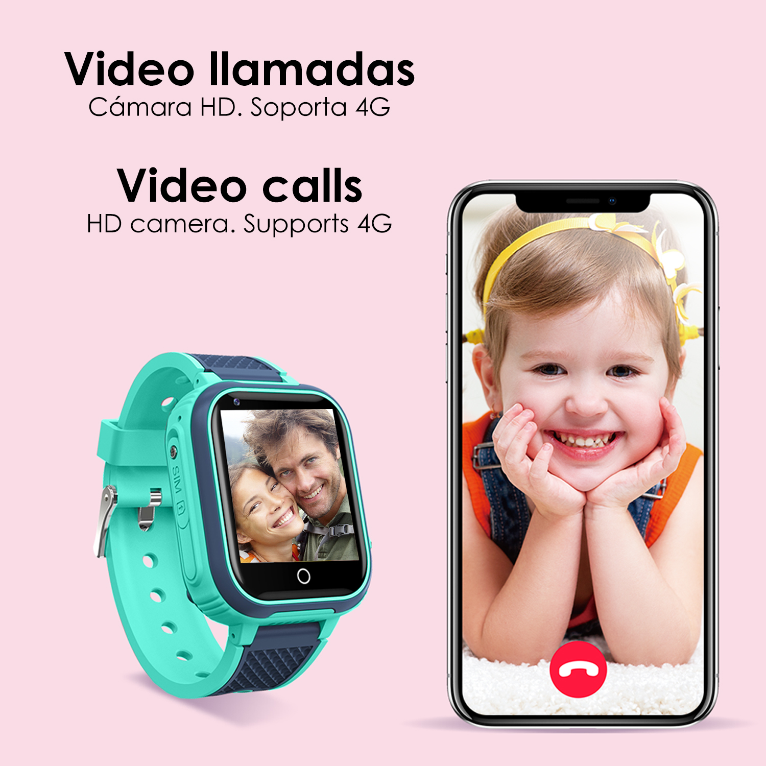 Un niño en una videollamada en un teléfono, con un reloj inteligente que muestra a la persona que llama.