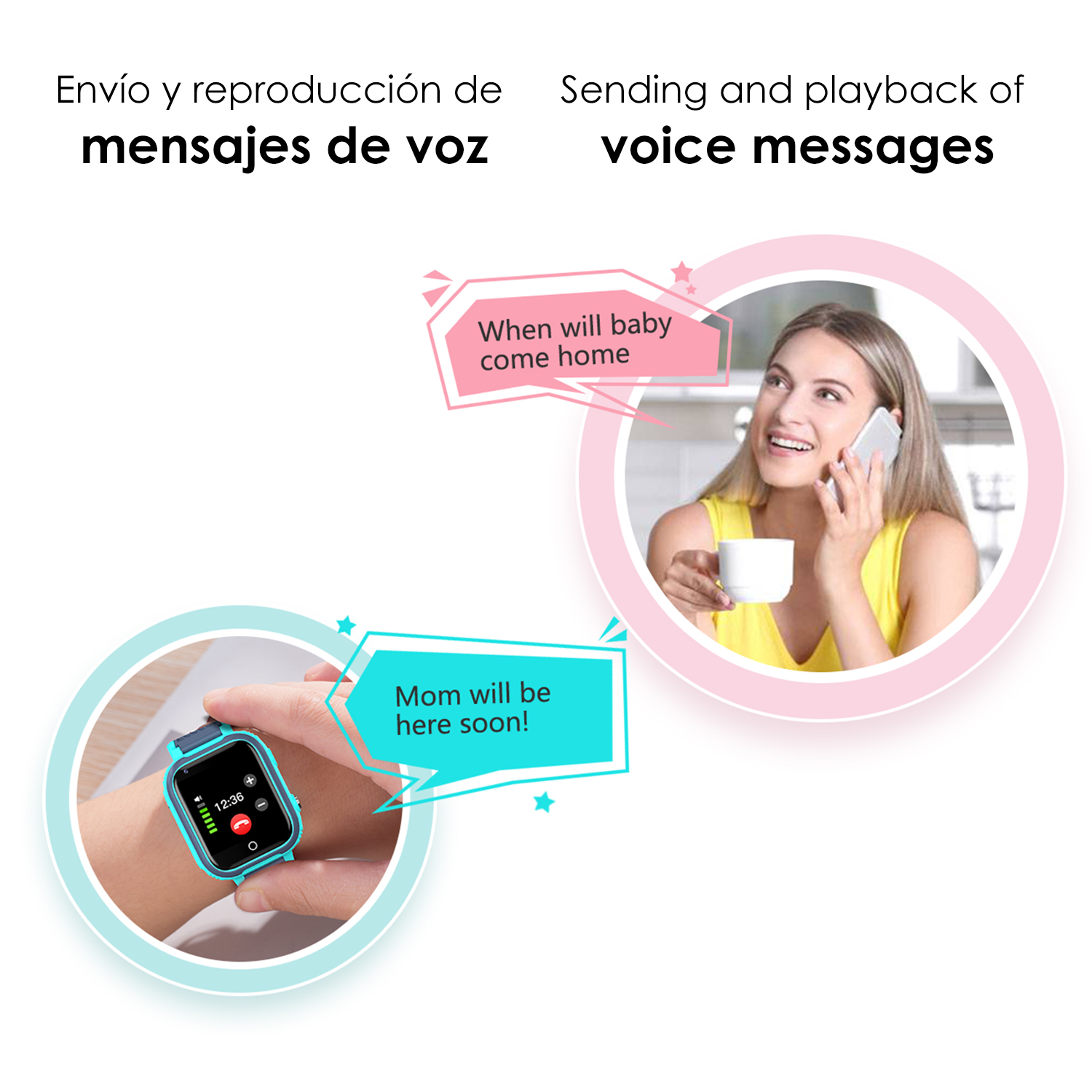 Mujer hablando por teléfono con reloj inteligente mostrando mensaje, con burbujas de diálogo.