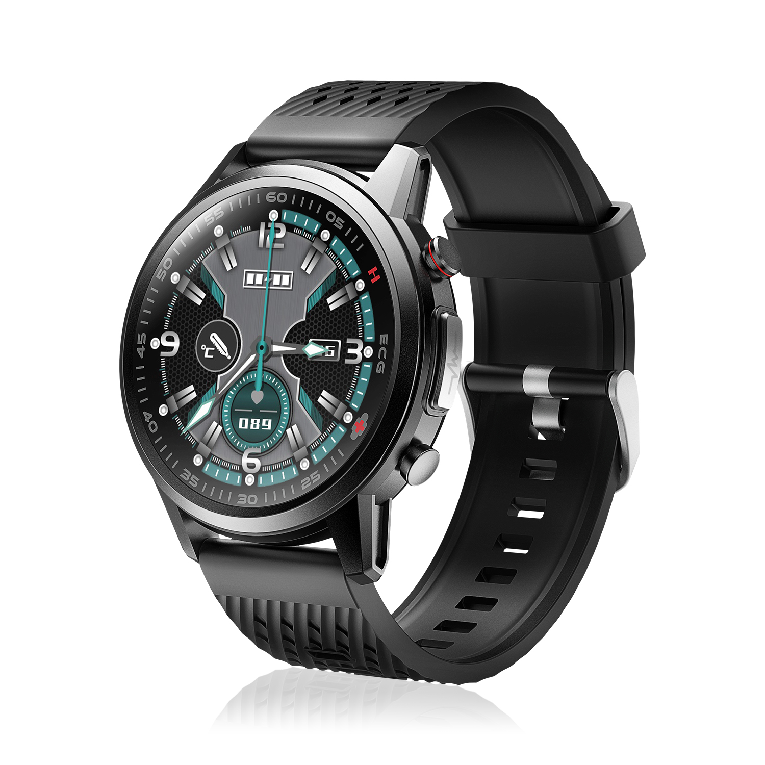 Un reloj inteligente negro con correa negra. La pantalla muestra una interfaz digital gris y verde azulado con números y un indicador.