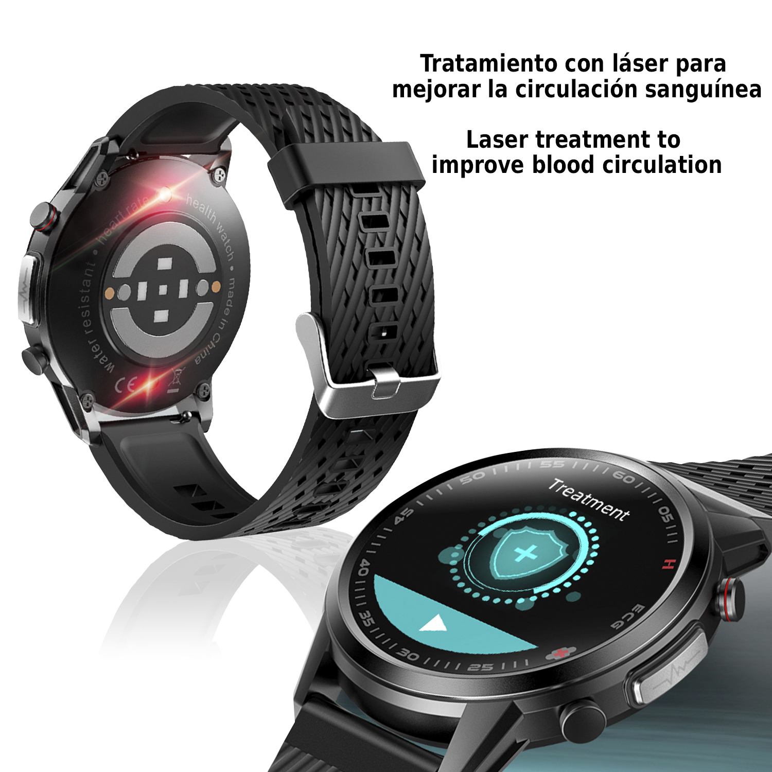 Smartwatch mostrando una pantalla de tratamiento. Reloj y correa negros. Luz láser brillando en la parte trasera.
