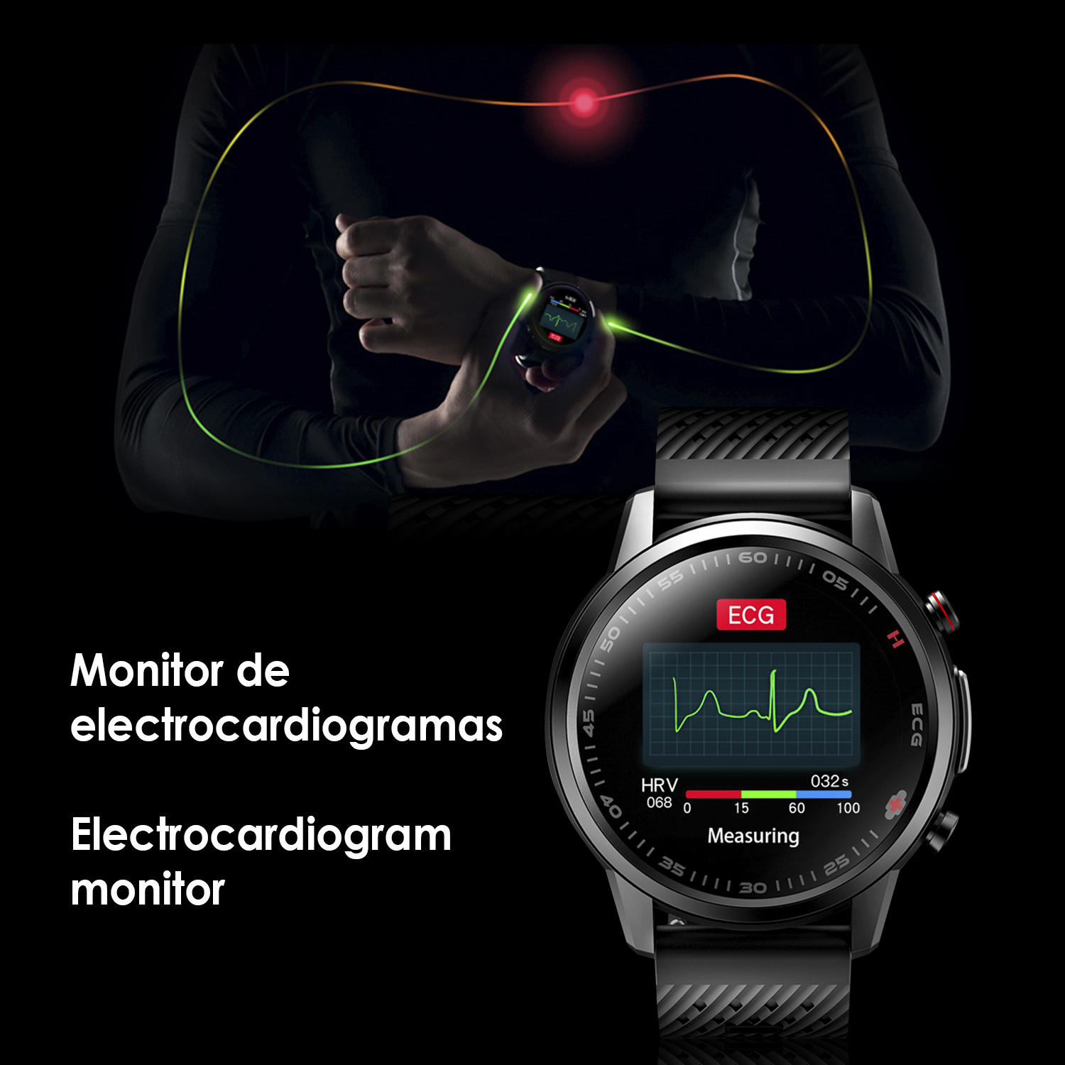 Smartwatch en muñeca, monitoreando electrocardiograma, con pantalla gráfica.