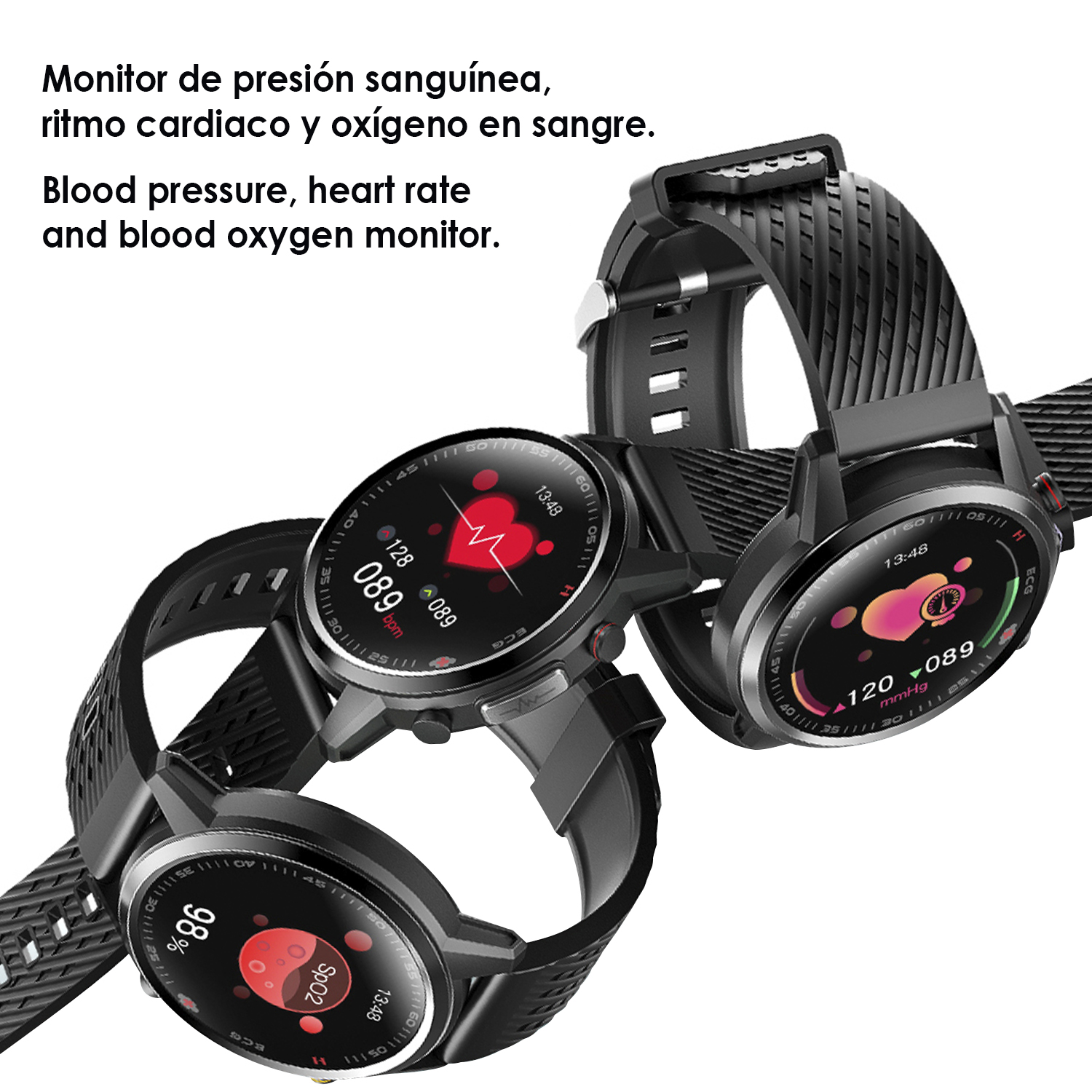 Relojes inteligentes que muestran datos de salud. La pantalla muestra la frecuencia cardíaca y los niveles de oxígeno en sangre.