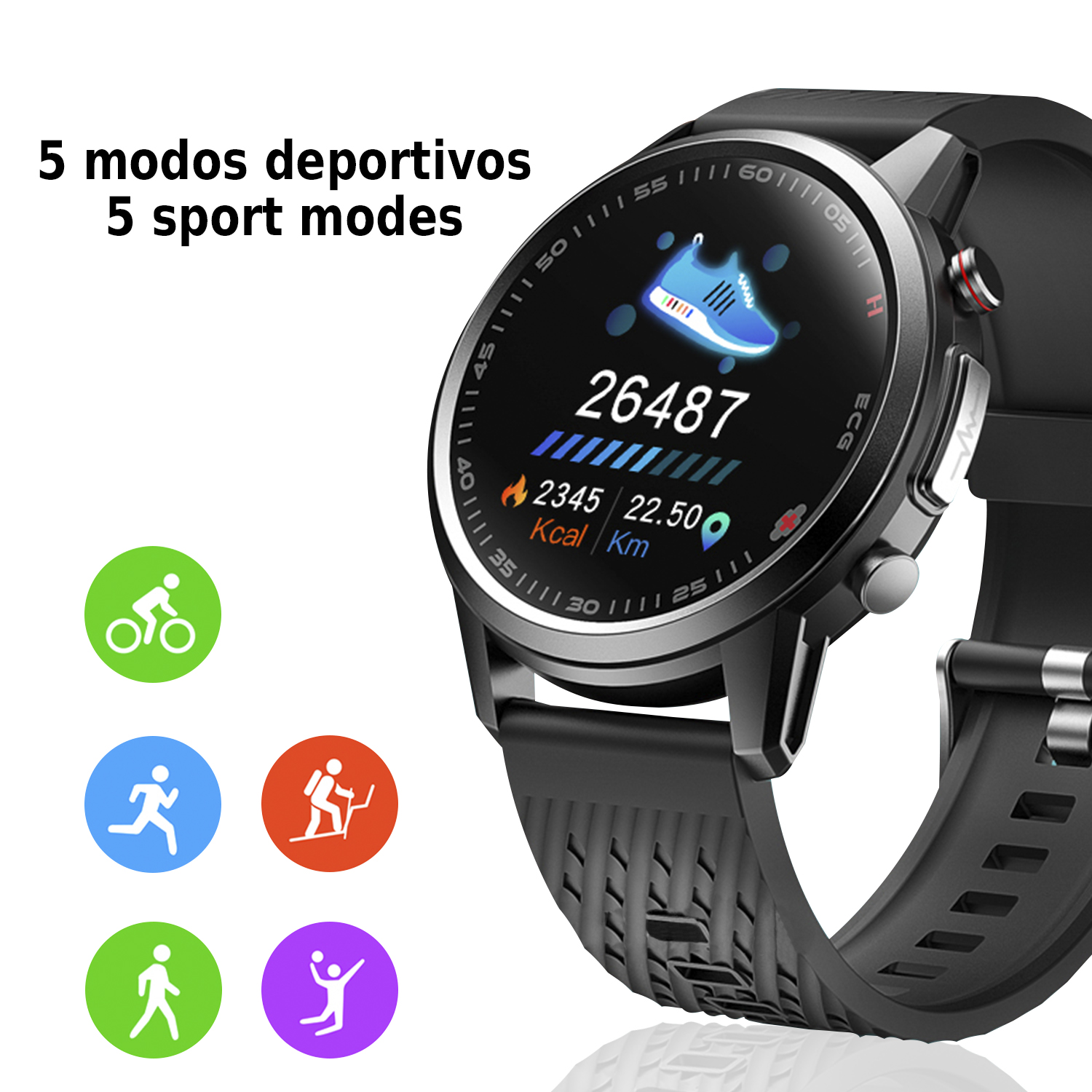 Un smartwatch negro mostrando datos de fitness e iconos. Varios iconos deportivos a la izquierda.