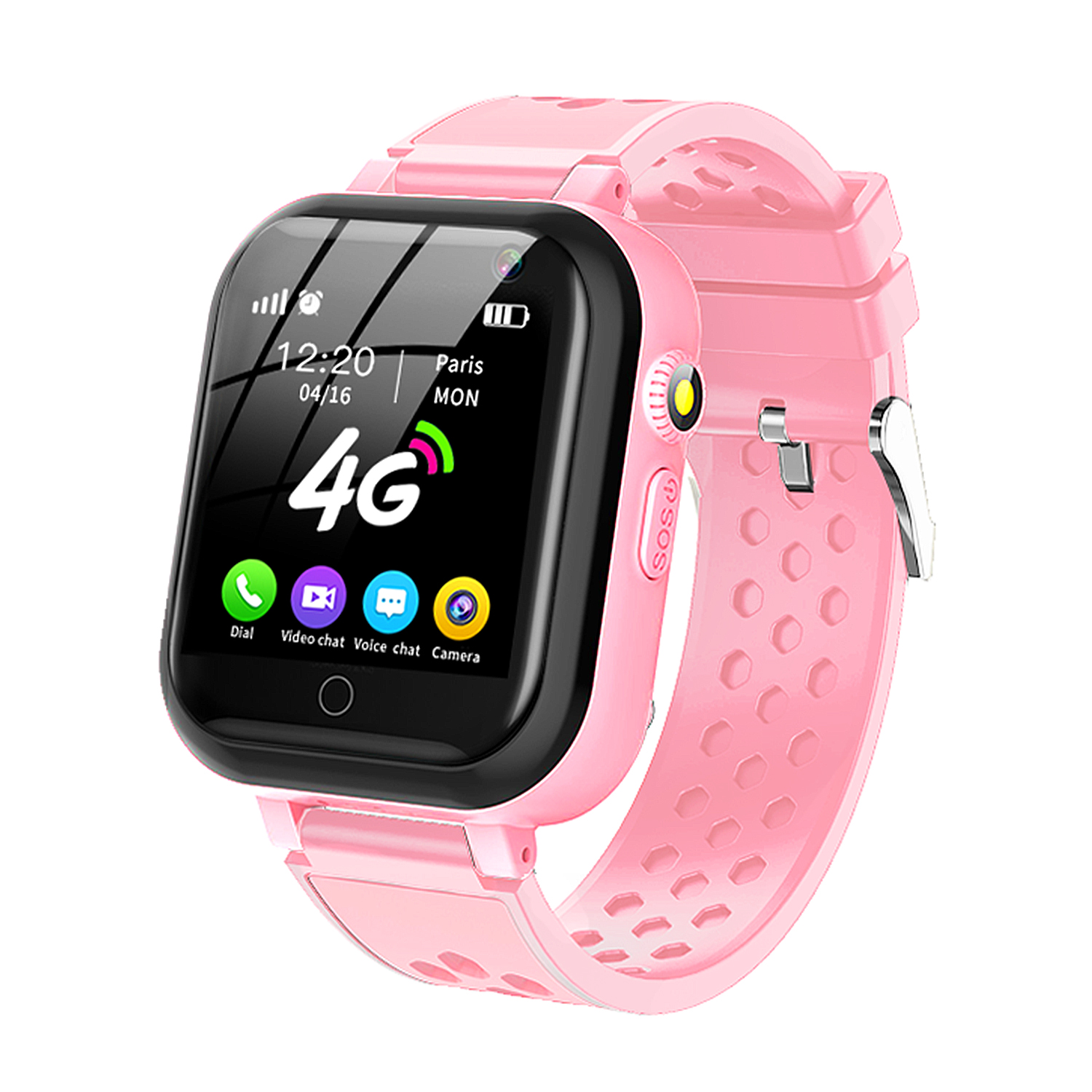 Smartwatch rosa con schermo nero. Visualizza l'ora e varie icone. Ha un cinturino rosa.
