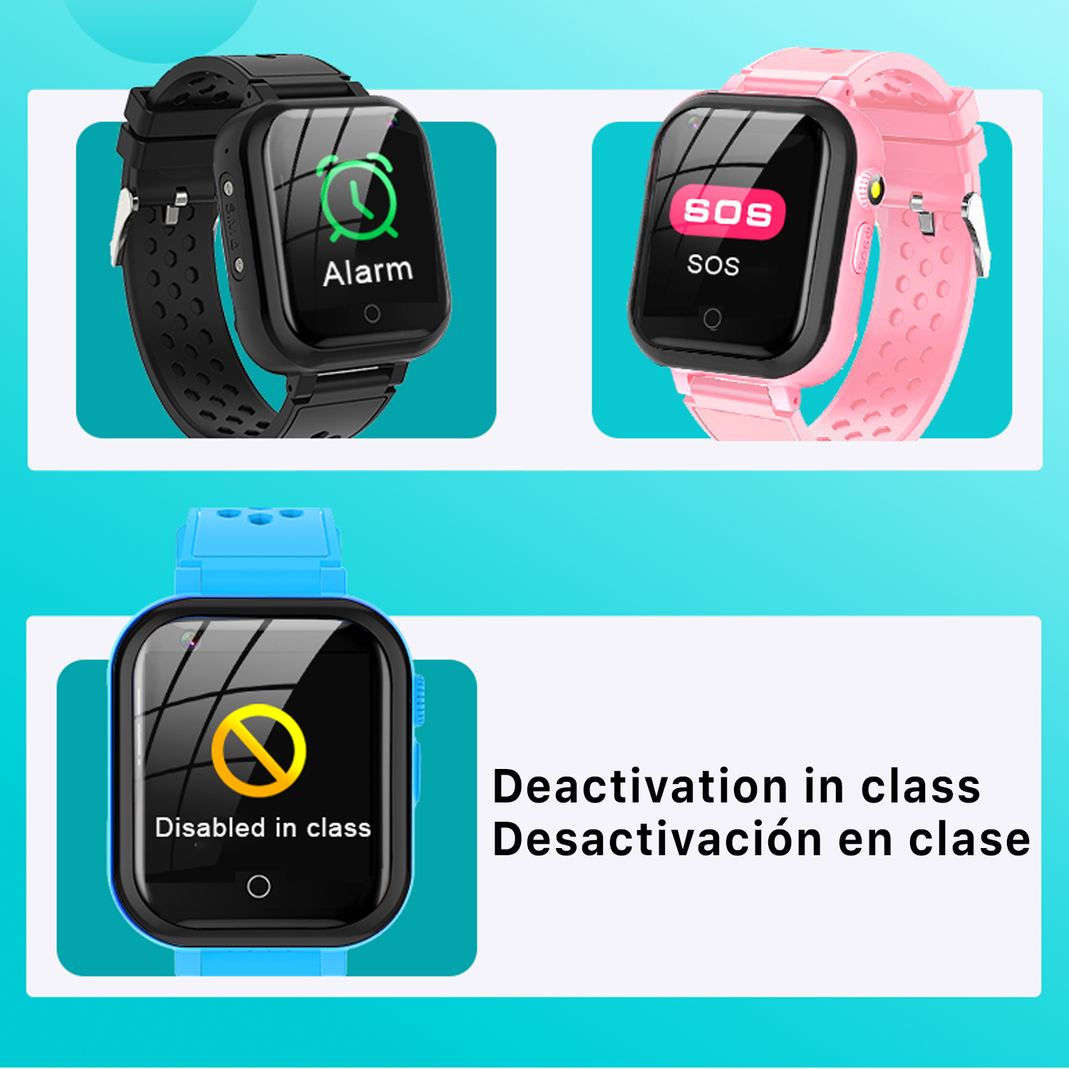 Tre smartwatch con display diversi: allarme, SOS e disattivazione in classe. Vari colori.