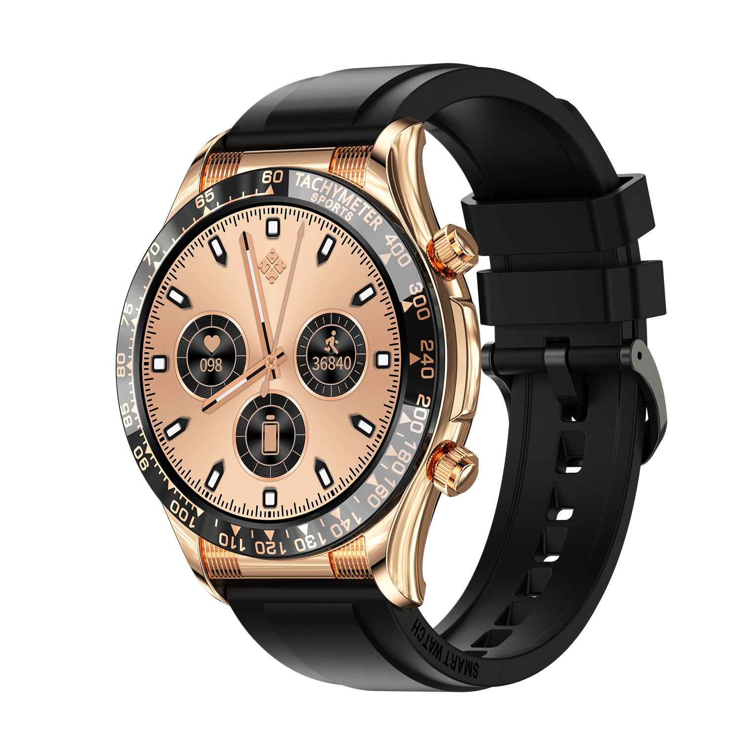Smartwatch oro rosa con cinturino nero. Il quadrante mostra i dati, inclusa la frequenza cardiaca e l'ora.