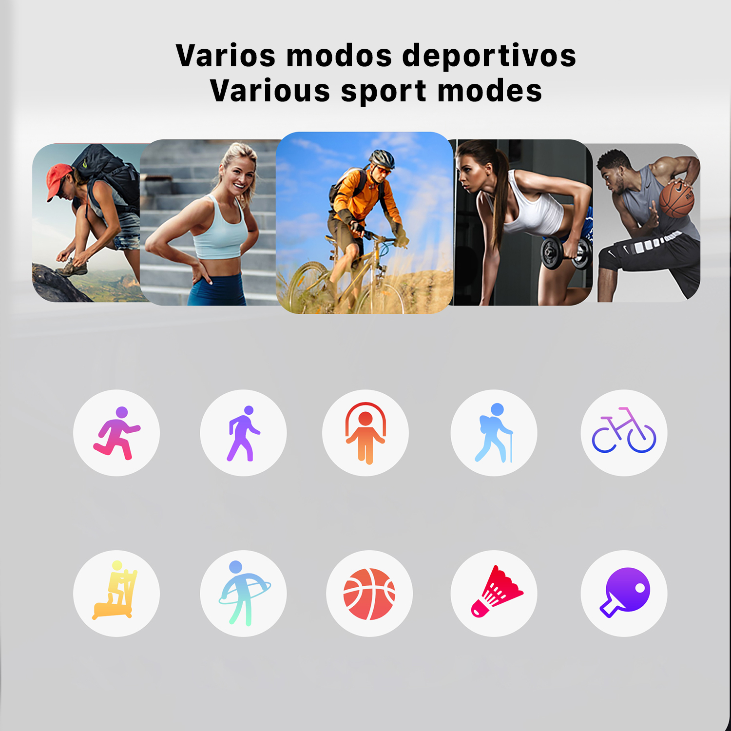 Varie icone sportive e persone che si esercitano. Include corsa, camminata, salto con la corda, bici, ecc.