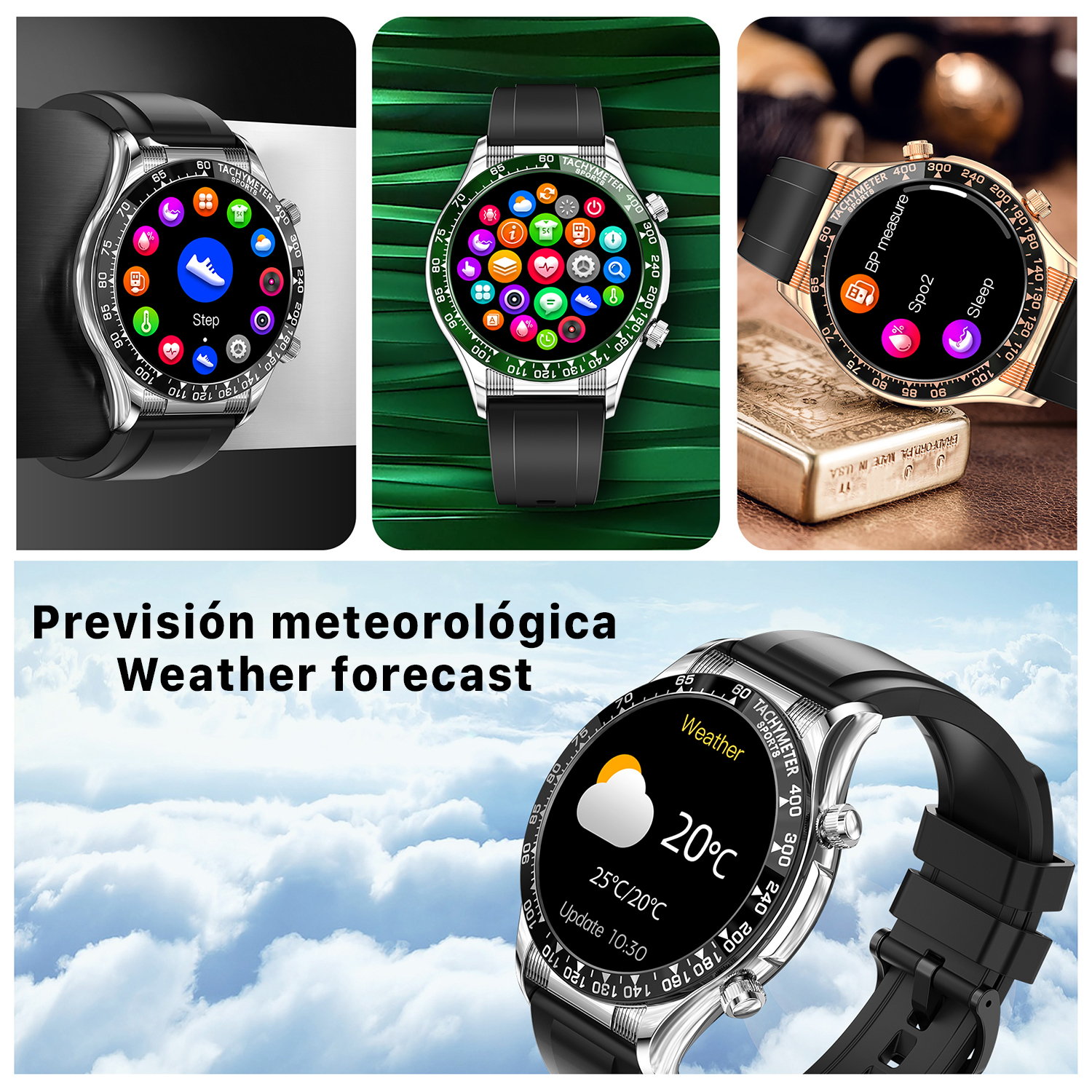 Smartwatch con varie interfacce, tra cui previsioni meteo e icone di app, su cielo nuvoloso.