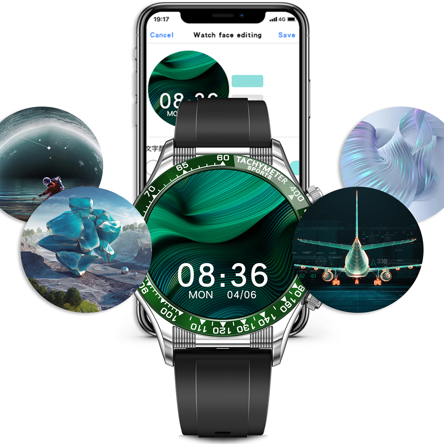 Smartwatch che mostra vari quadranti e icone di app su sfondo bianco.
