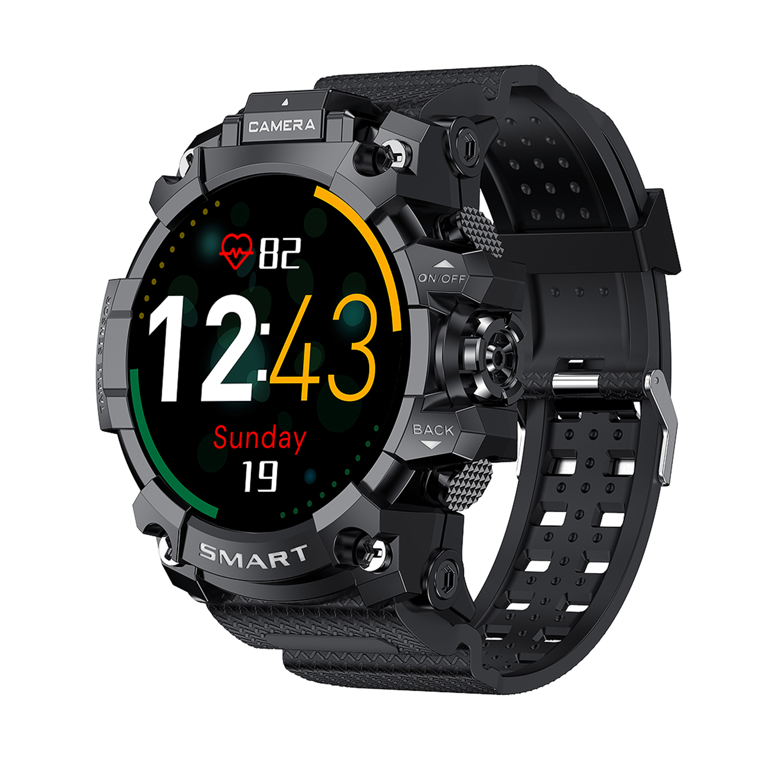 Reloj inteligente negro con pantalla redonda que muestra la hora, frecuencia cardíaca y otra información. Correa negra.
