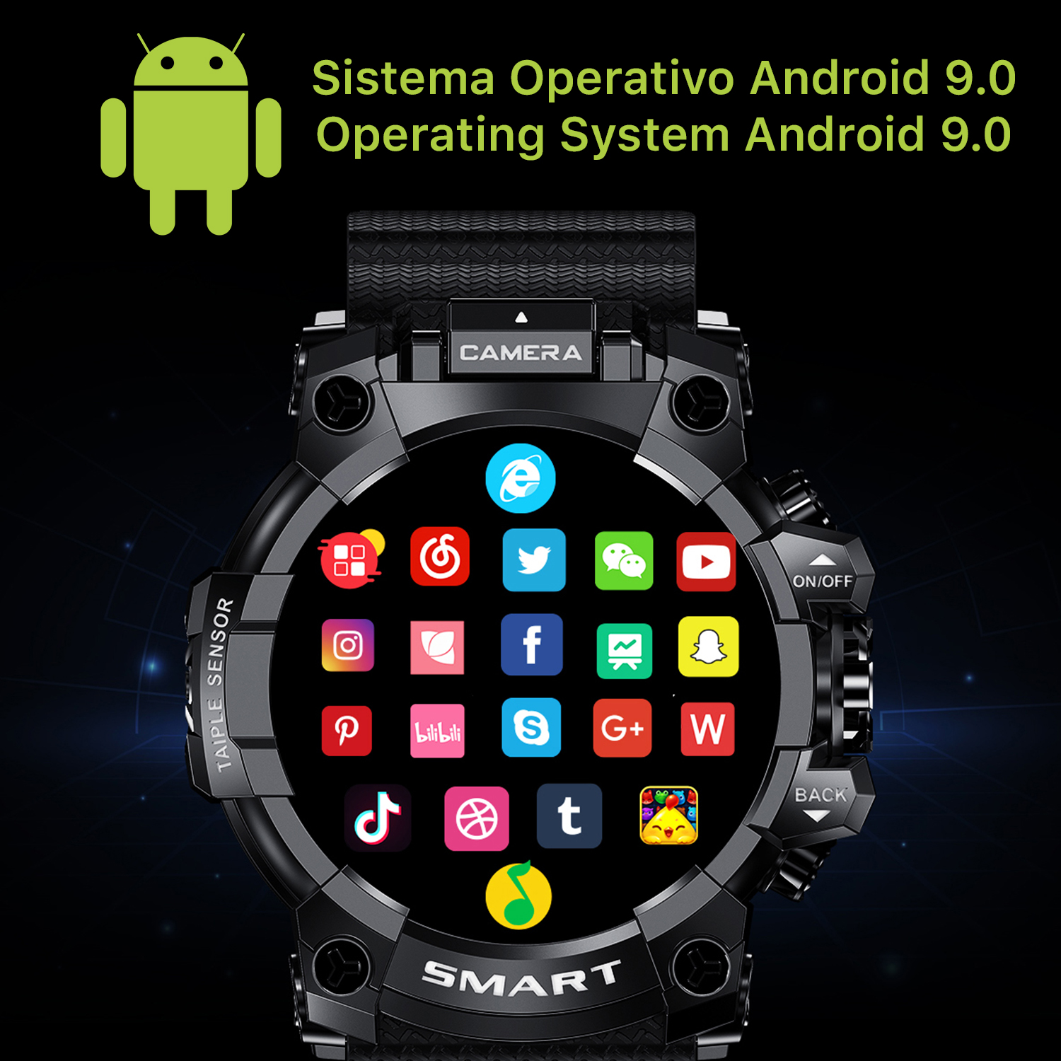 Un smartwatch negro con múltiples iconos de aplicaciones en la pantalla.