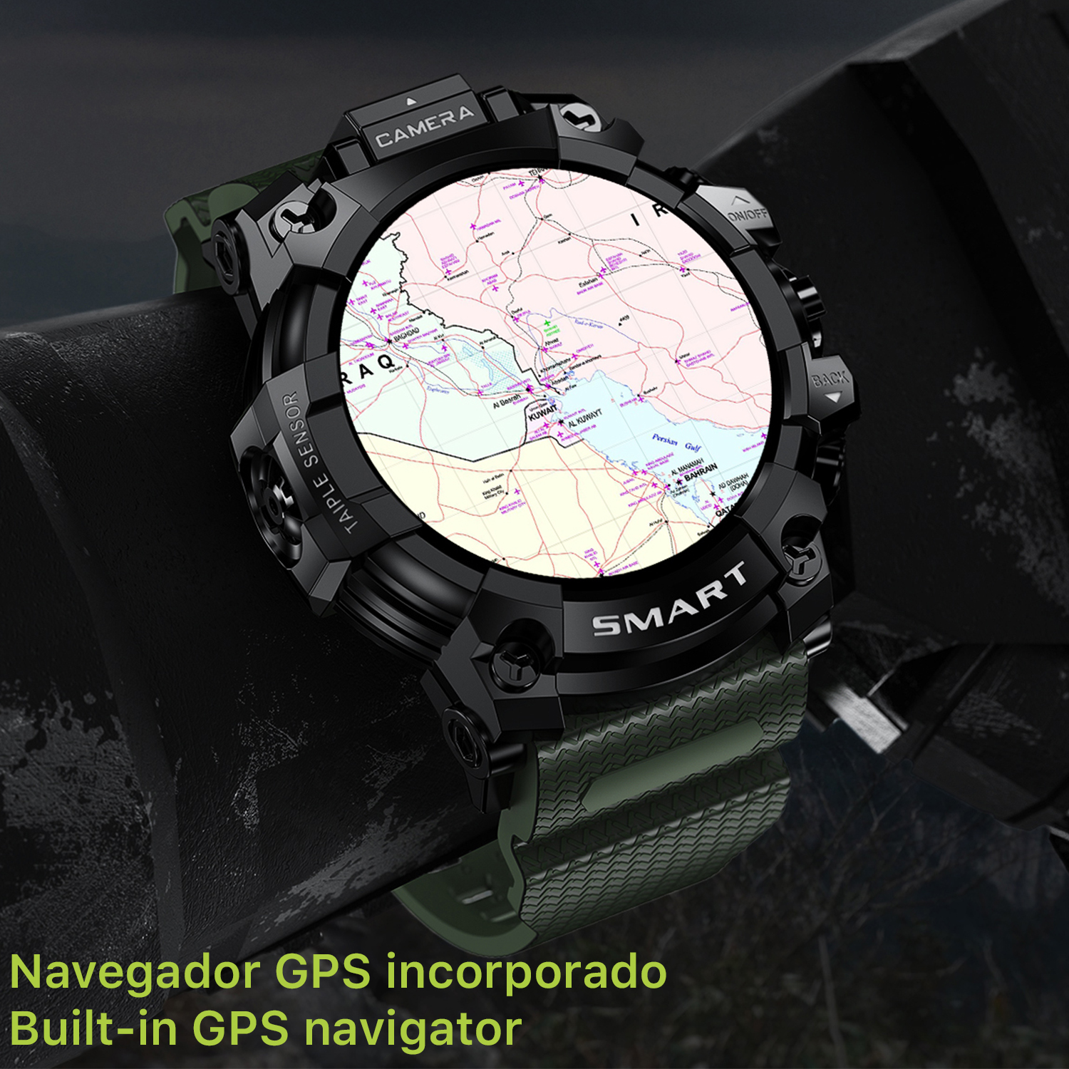Reloj inteligente negro con pantalla de mapa, correa verde y varios botones.