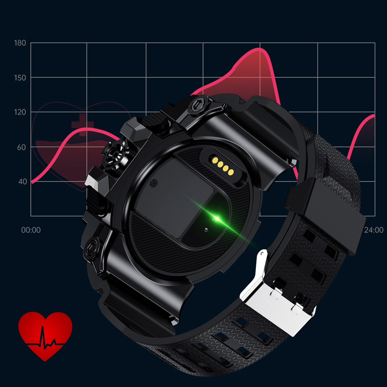 Smartwatch con correa negra y esfera negra. La parte trasera muestra sensores y un gráfico de frecuencia cardíaca.