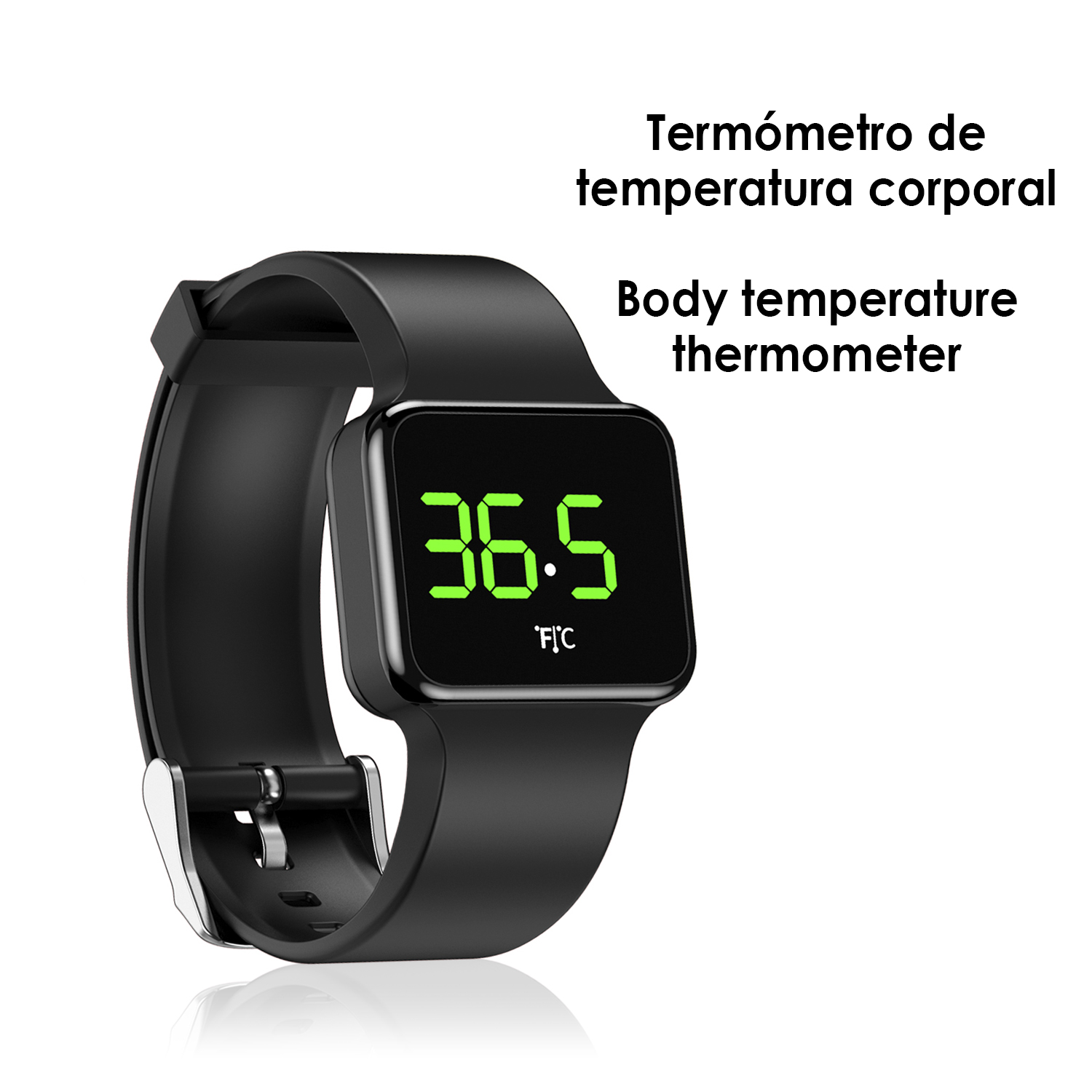 Uno smartwatch nero che mostra il numero digitale verde 36,5, che è la temperatura corporea.