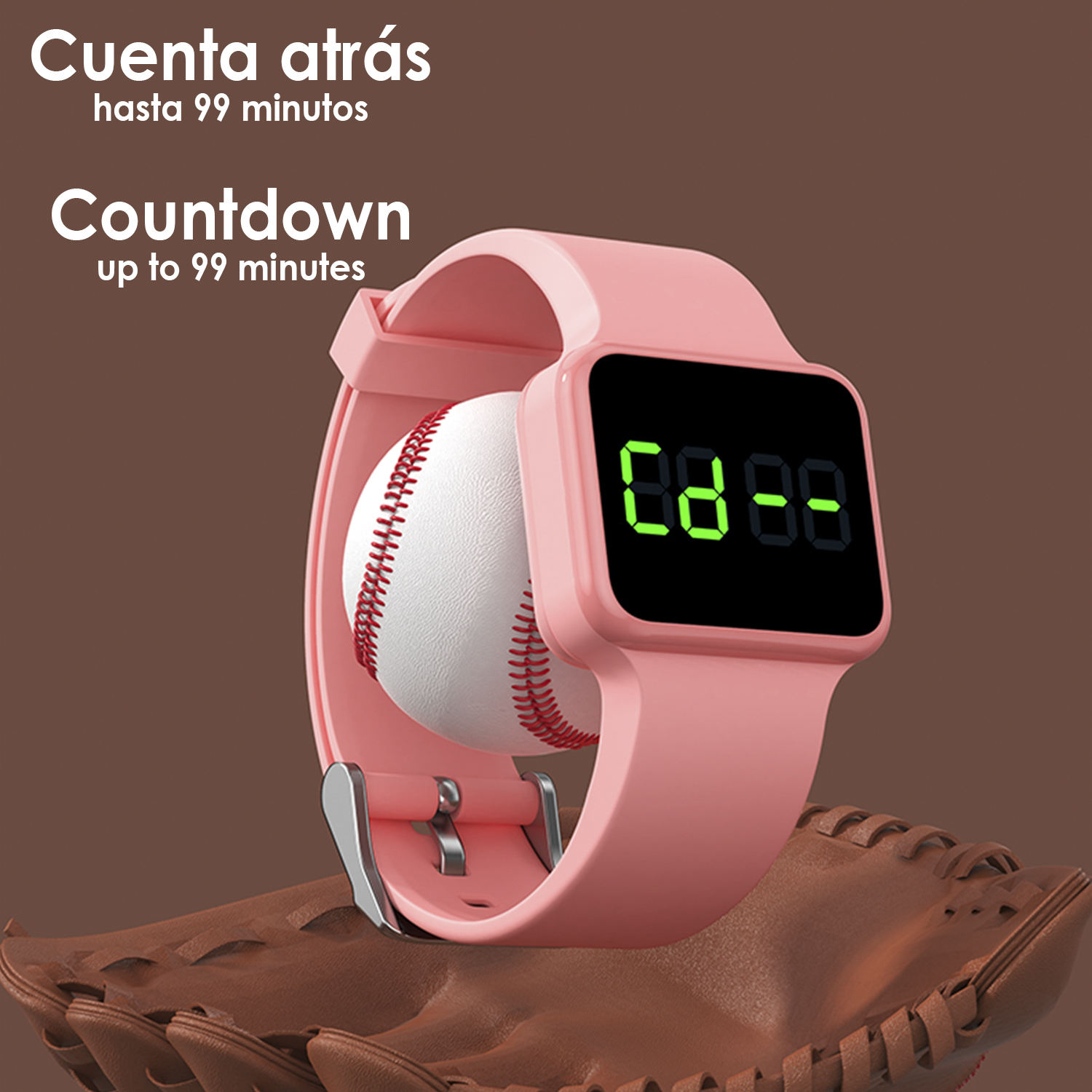 Uno smartwatch rosa con una palla da baseball all'interno. Un guanto da baseball è in basso. Sfondo marrone.