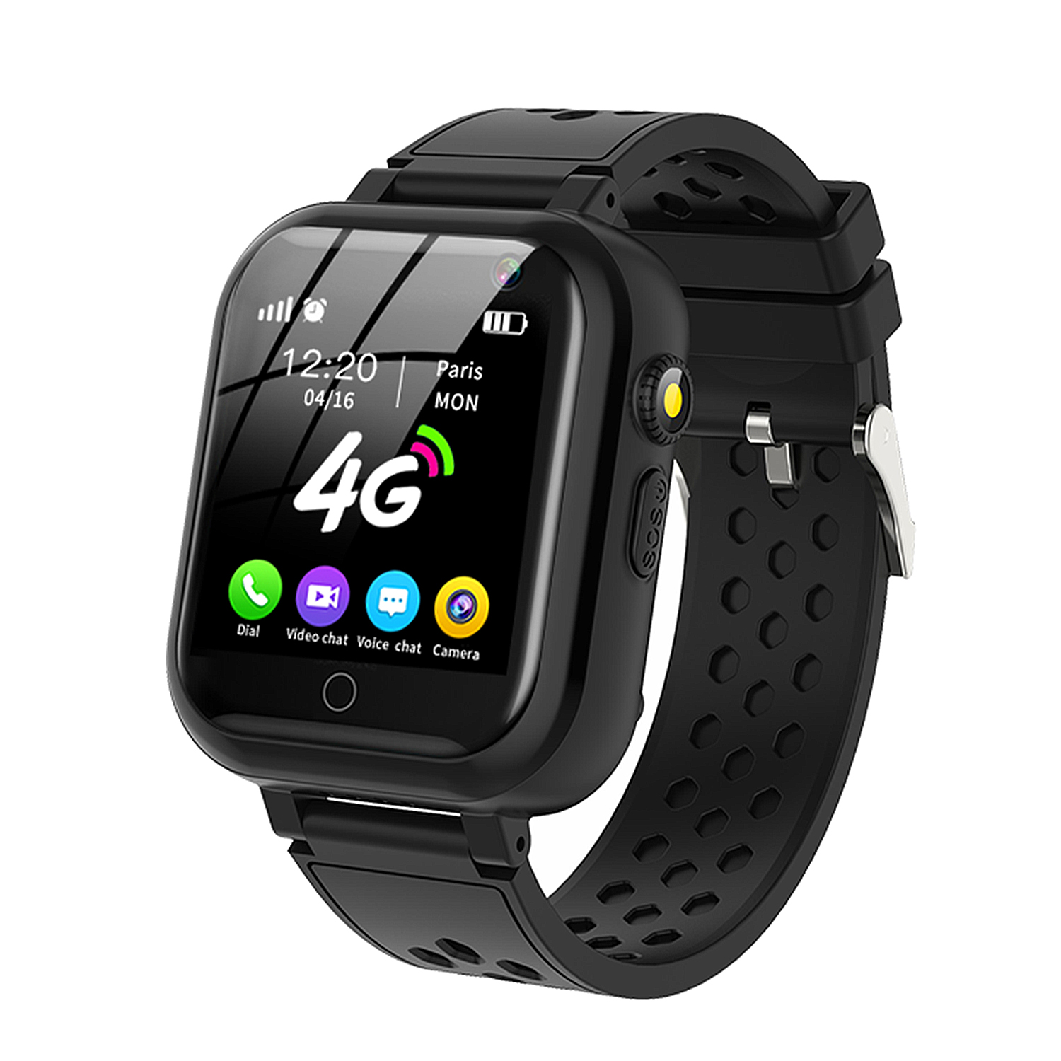 Smartwatch nero con display 4G. Mostra ora, segnale 4G e icone.