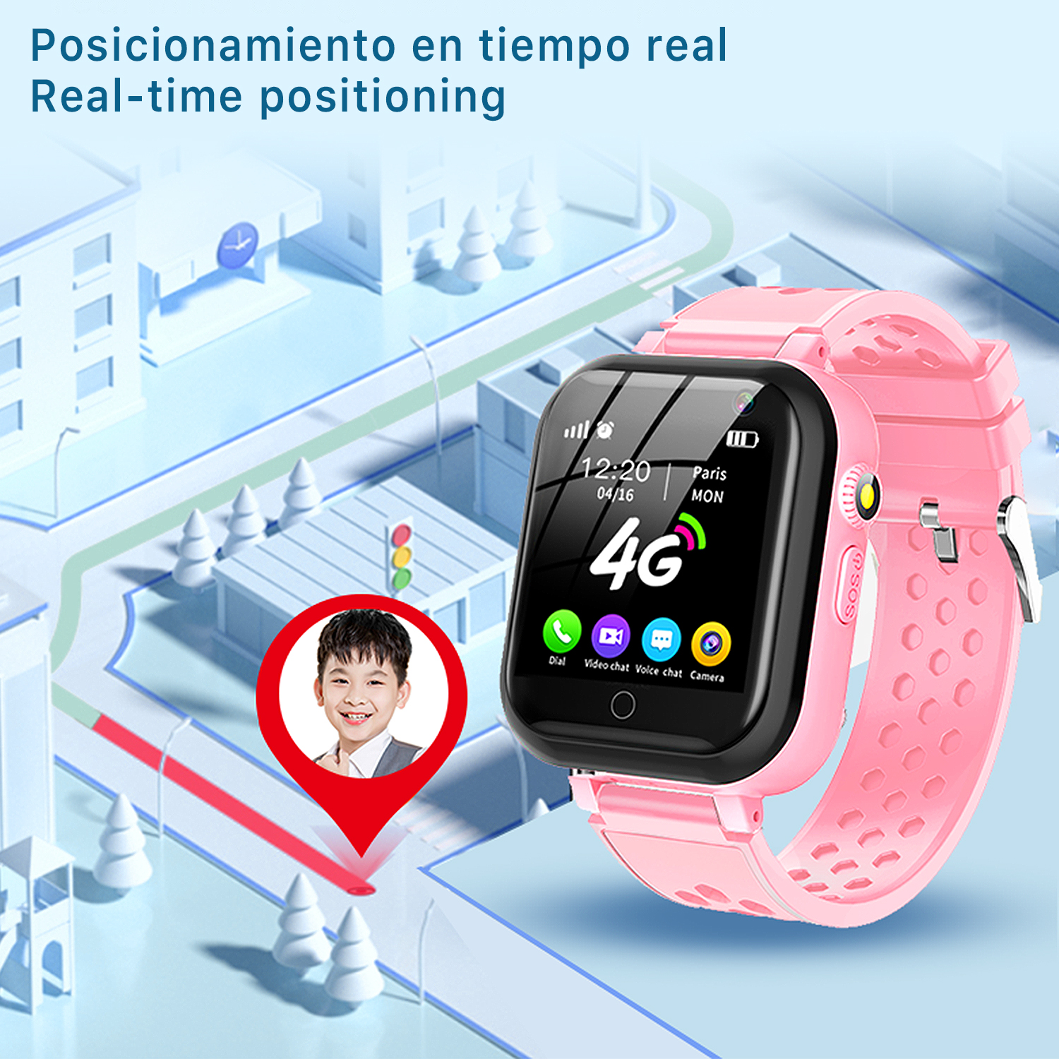 Smartwatch rosa con schermo che mostra ora, posizione e 4G. La faccia di un ragazzo in un cerchio rosso.