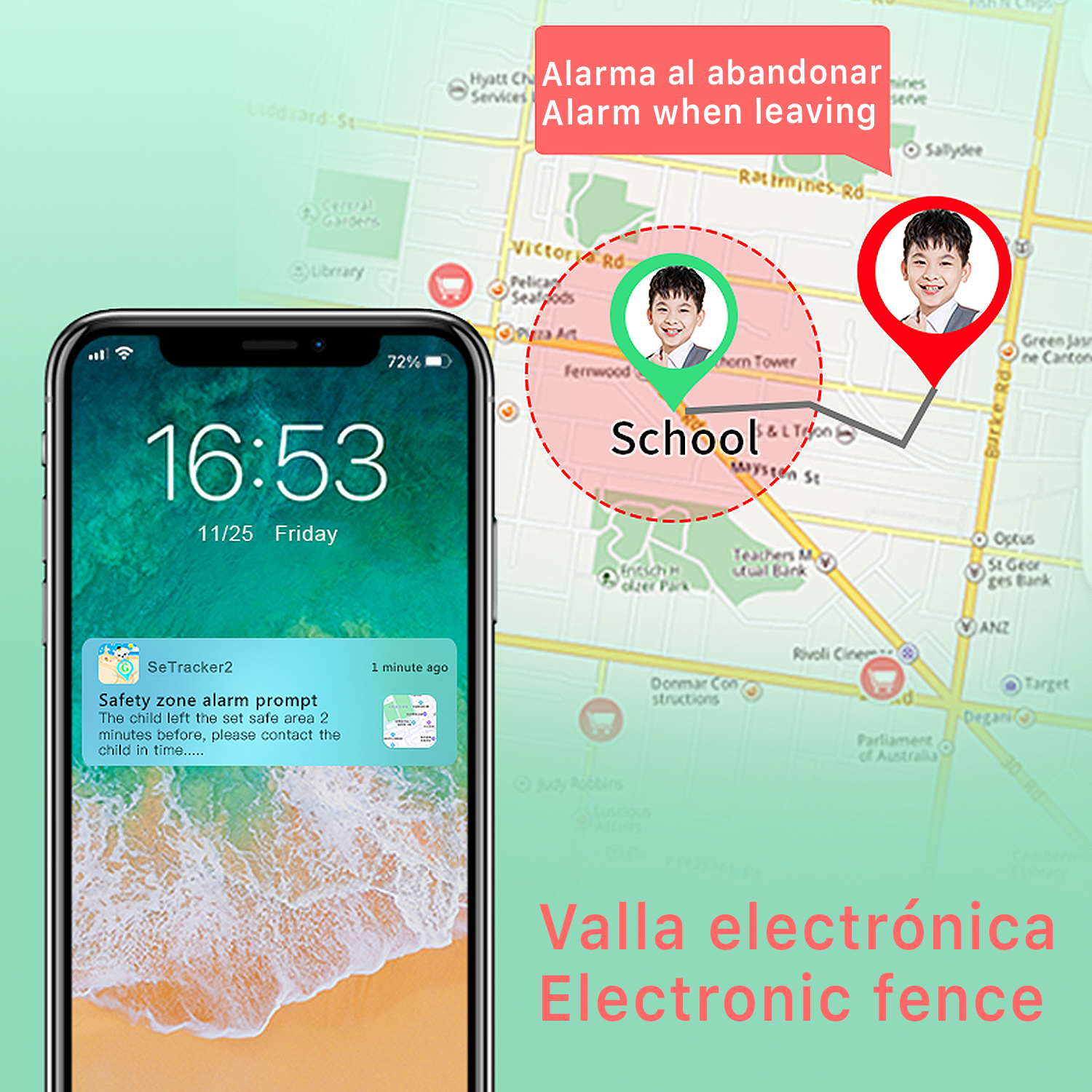 Uno smartphone mostra una mappa con la posizione di un bambino e un avviso di recinto elettronico.