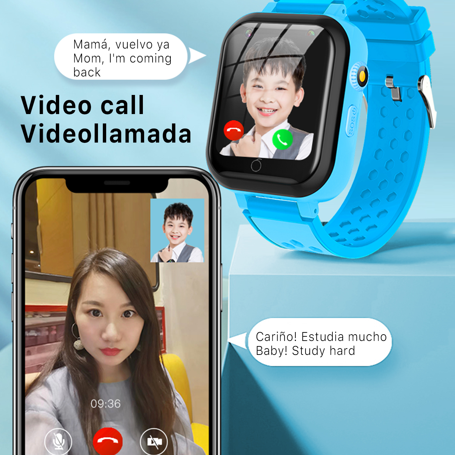 Una donna fa una videochiamata a suo figlio su uno smartwatch blu. Il figlio risponde 'Torno subito' e 'Studia sodo'.