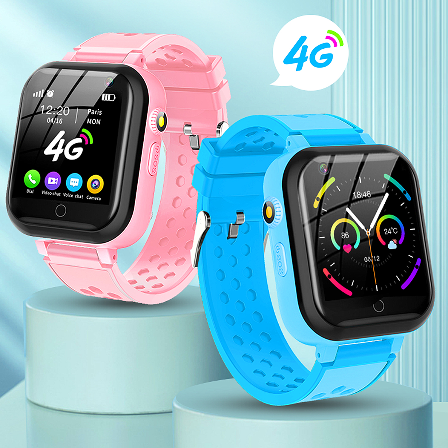 Due smartwatch, rosa e blu, che mostrano l'ora e la connettività 4G.