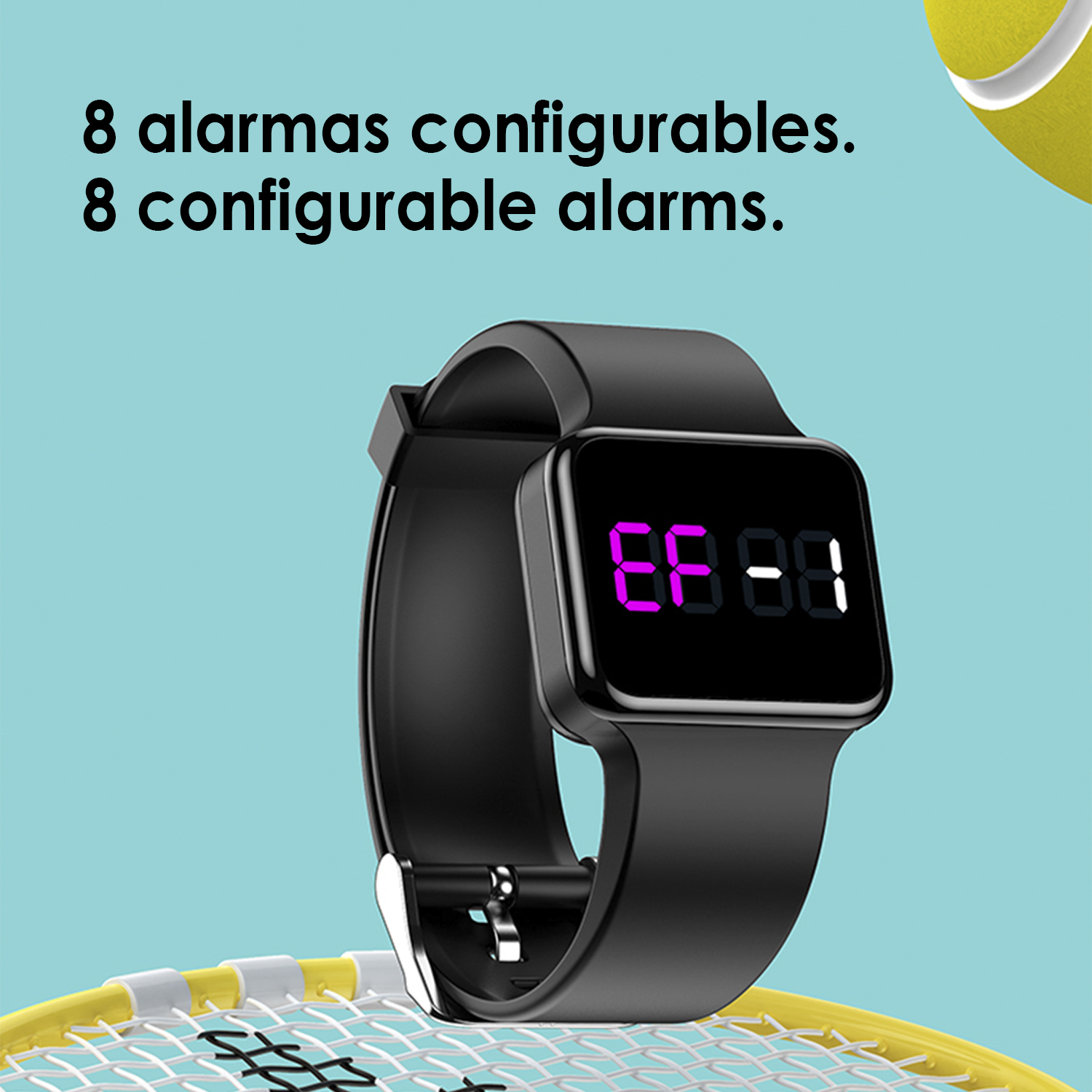 Smartwatch nero con display digitale e pallina da tennis gialla.