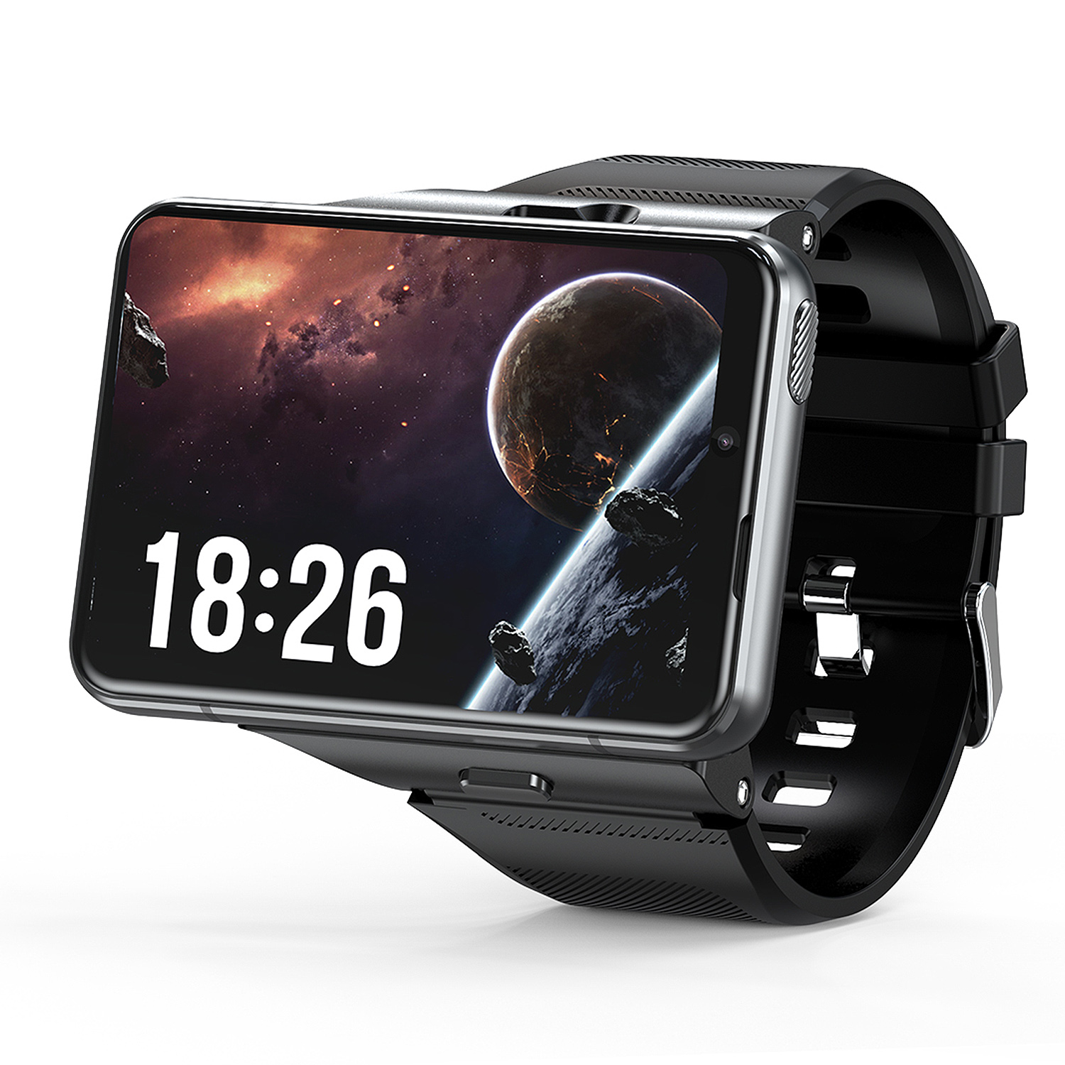 Schwarze Smartwatch mit großem Bildschirm, der eine Weltraumszene zeigt. Schwarzes Armband. Weißer Hintergrund.
